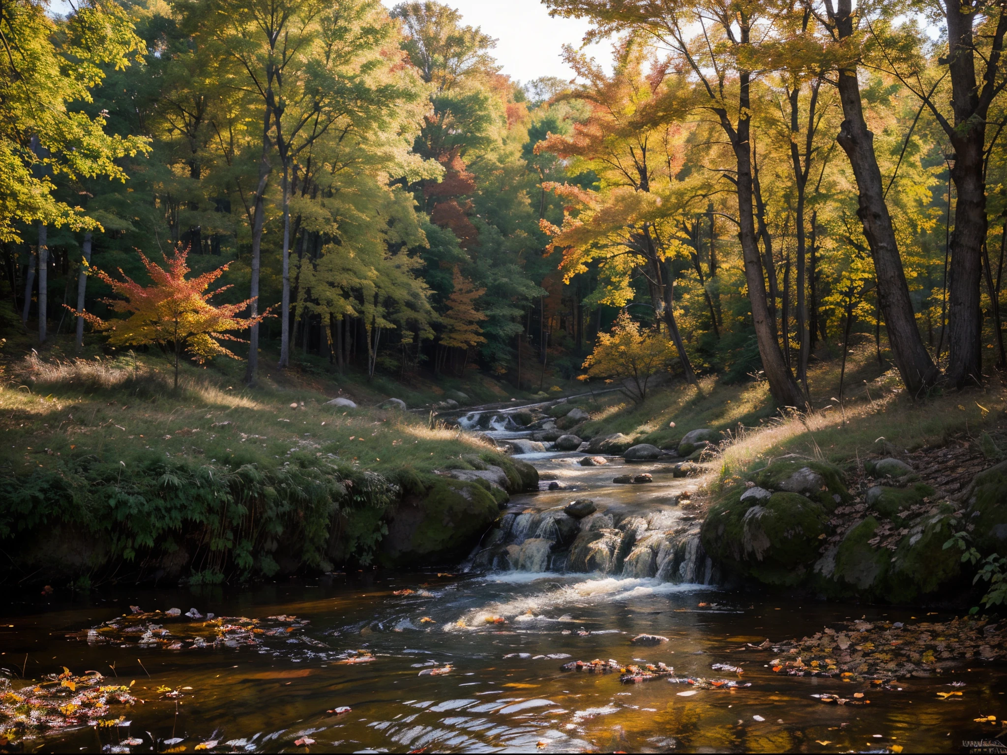 photorealistic landscape image, capturing the beauty of fall foliage in stunning detail, stage-like, shot with a high quality 8K camera. The setting is a serene forest with bright autumn colors., including shades of red, Orange, and yellow. Sunlight must penetrate through the foliage., casting a warm and gentle glow onto the stage. A peaceful stream should flow through the forest., adding to the tranquility of the environment. Make sure, that the image evokes the breathtaking beauty of autumn leaves and demonstrates a remarkable level of detail and clarity, comparable to 8K photography.