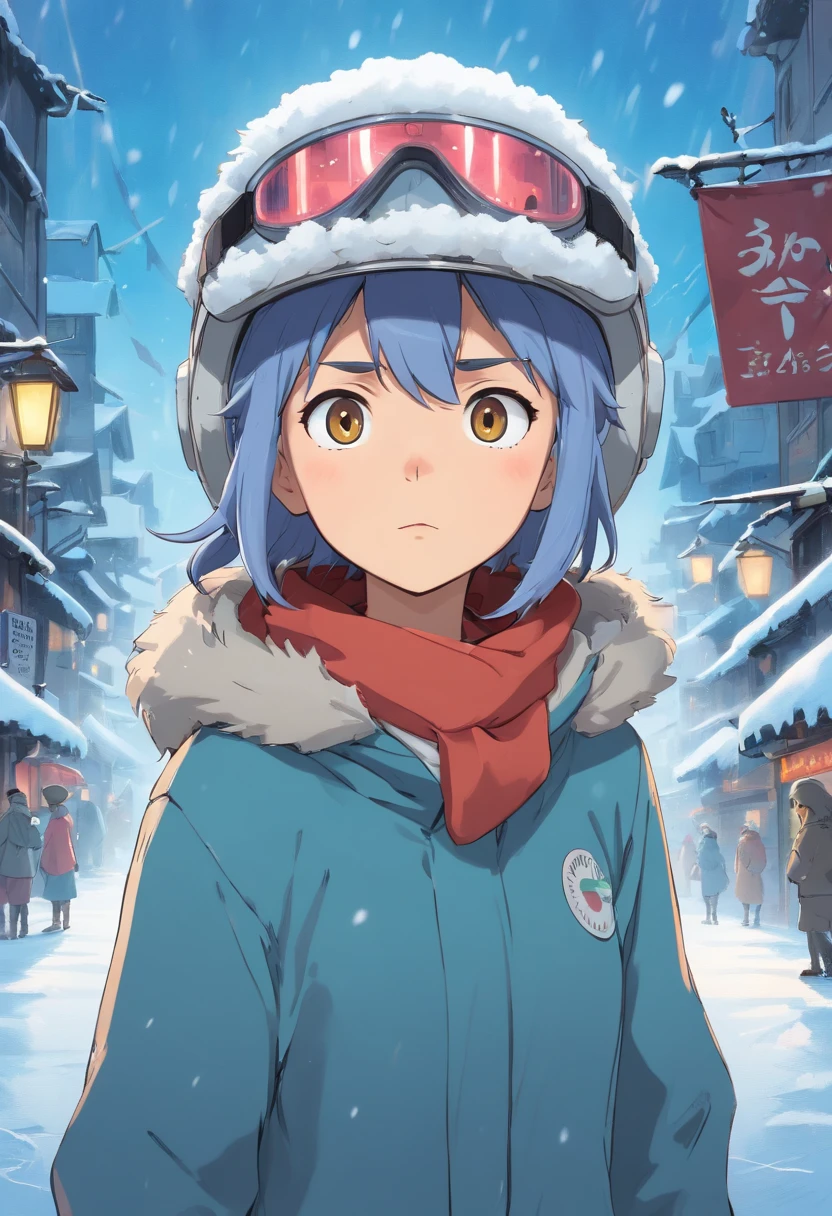 Uma personagem feminina em meio ao caos de um ataque DDOS, your eyes hidden behind a snow-covered visor. She remains resolute in a dystopian world where pandemonium unfolds before her. This work of art combines the unique styles of cartoon and realism, retratando uma personagem com uma viseira coberta de neve que obscurece seus olhos, emphasizing the obscured vision and the world in turmoil. Tiro de snowboard, gelo, nevasca