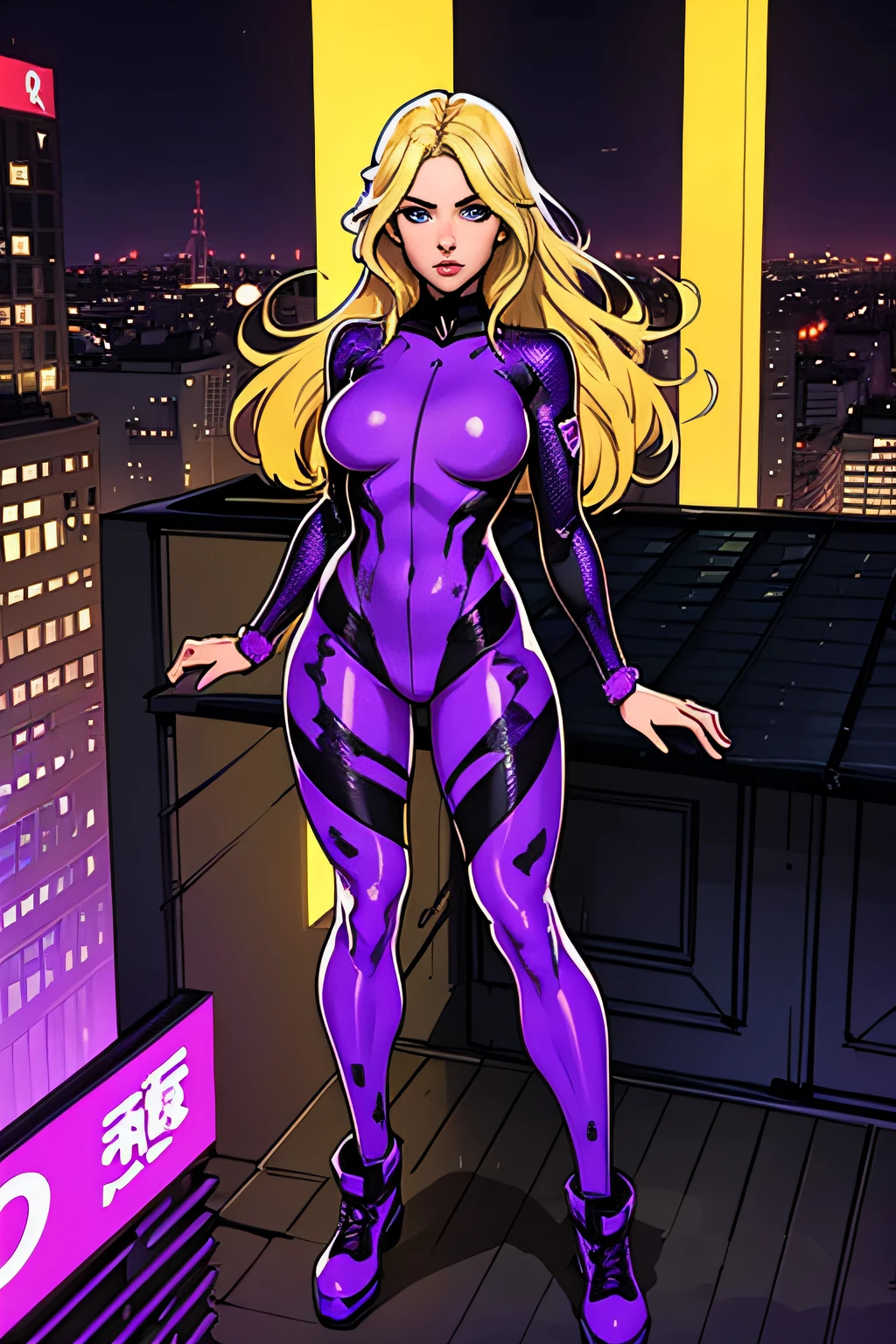 blonde girl in purple camouflaged full body suit on top of a building in night