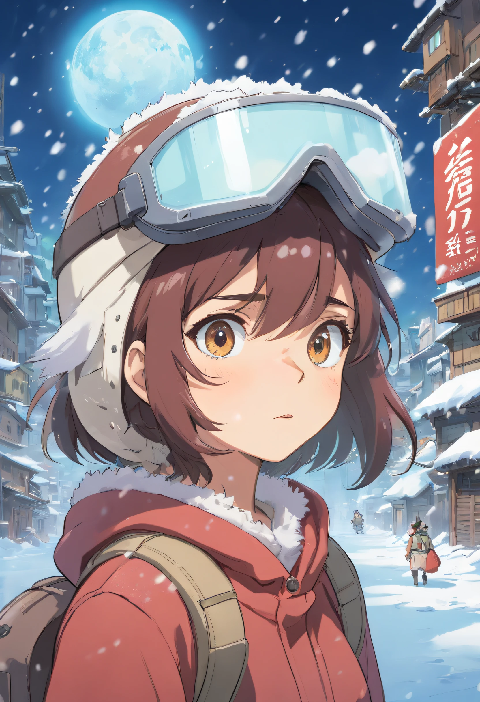A female character amidst the chaos of a DDOS attack, her eyes concealed behind a snow-covered visor. She stands resolute in a dystopian world where pandemonium unfolds before her. This artwork combines the unique styles of cartoons and realism, portraying a character with a snow-covered visor that obscures her eyes, emphasizing the obscured vision and the world in turmoil.