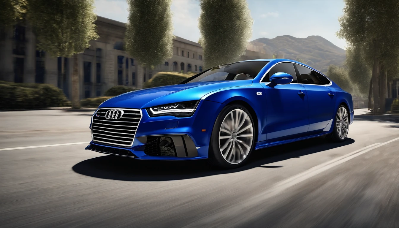 (Best Quality,4k,8K,hight resolution,Masterpiece:1.2),Ultra-detailed,(Realistic,Photorealistic,photo-realistic:1.37),Modern Audi A7:1.2, shiny body:1.1,Modern design,chrome finish,royal blue color, reflective surface:1.1,well maintained engine,smooth ride:dreamy,Leather seats,Wood panels,stereo system,Side camera, delicate craftsmanship:1.1,clear headlights:1.1,Smooth Lines:elegant,Street in the background,Urban setting,city lights:1.1,night driving experience,glass tint,Meticulous detailing,Stylish appearance,luxury car:1.1