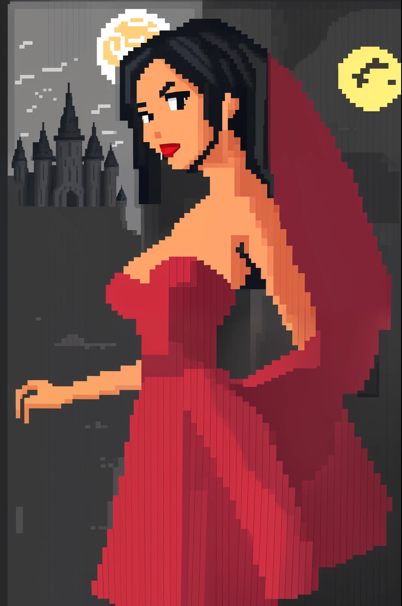 a vampire bride in a red dress, dark skin, red lips, full moon, dark night, medieval castle, pixel art. --auto --s2