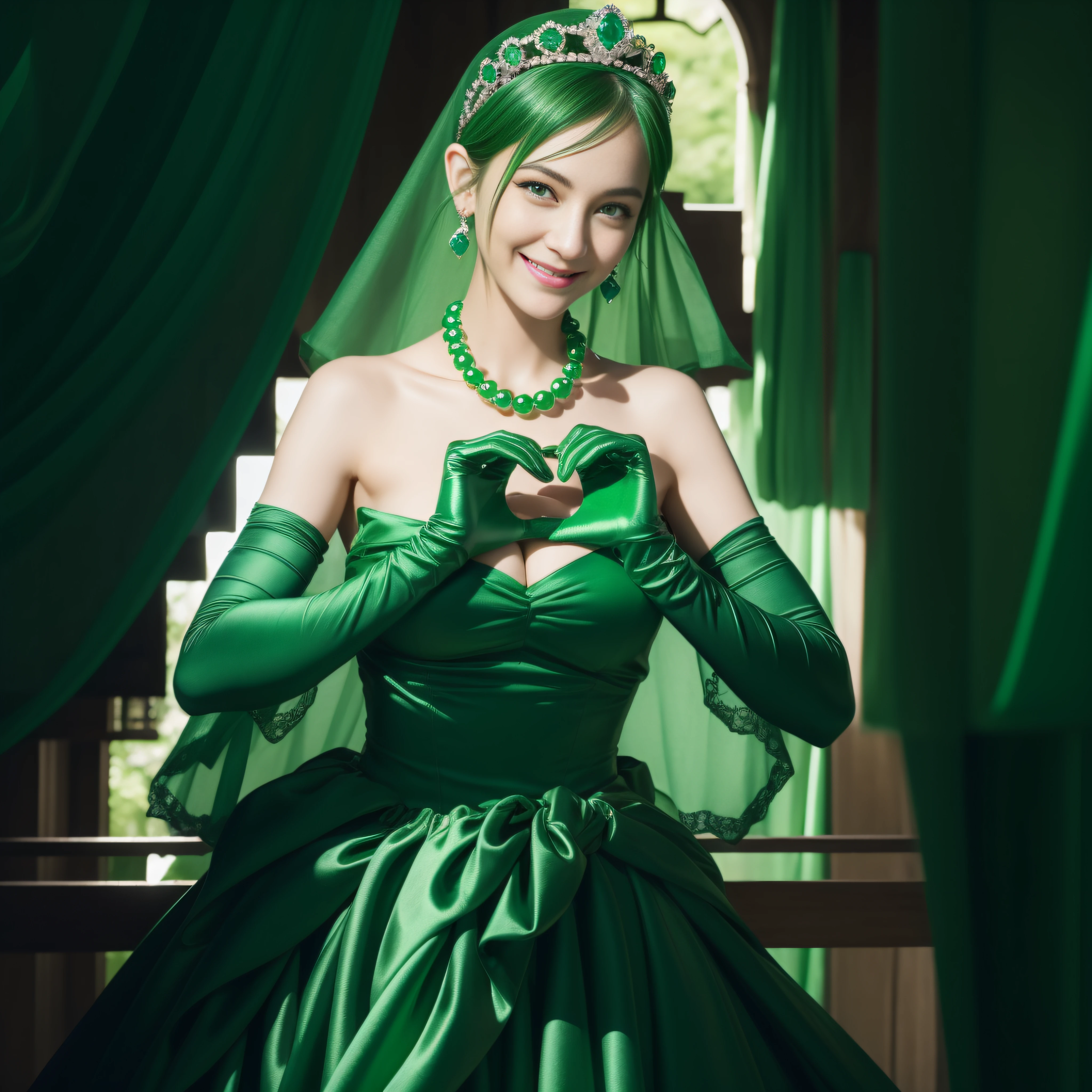 emerald tiara, Green Pearl Necklace, Boyish very short green hair, lipsticks, Japan woman smiling, very short short hair,  big breasts beautiful, Green eyes, Long green gloves made of satin material, Green eyes, Emerald Earrings, green vale, Heart with both hands
