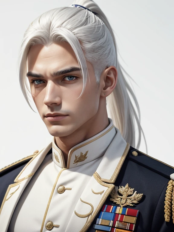 2K, masterpiece, white background, Male, sand white hair, straight, ponytail, young masculine face, military uniform