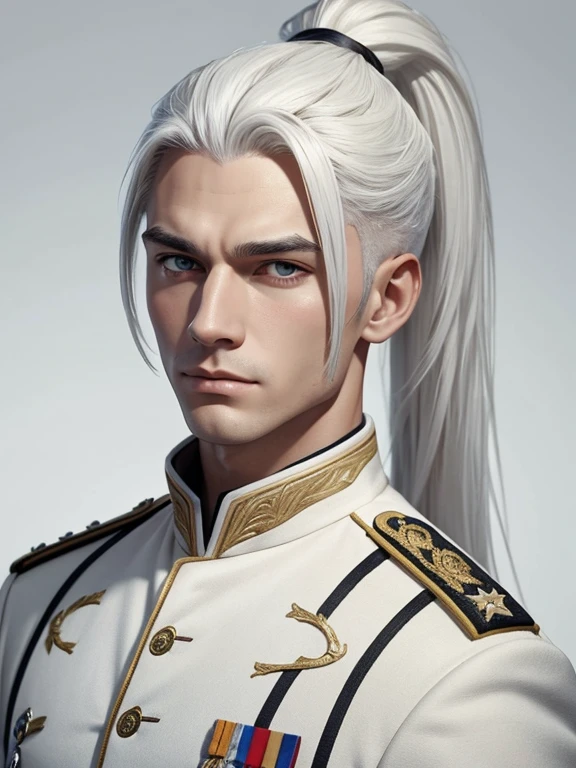 2K, masterpiece, white background, Male, sand white hair, straight, ponytail, young masculine face, military uniform