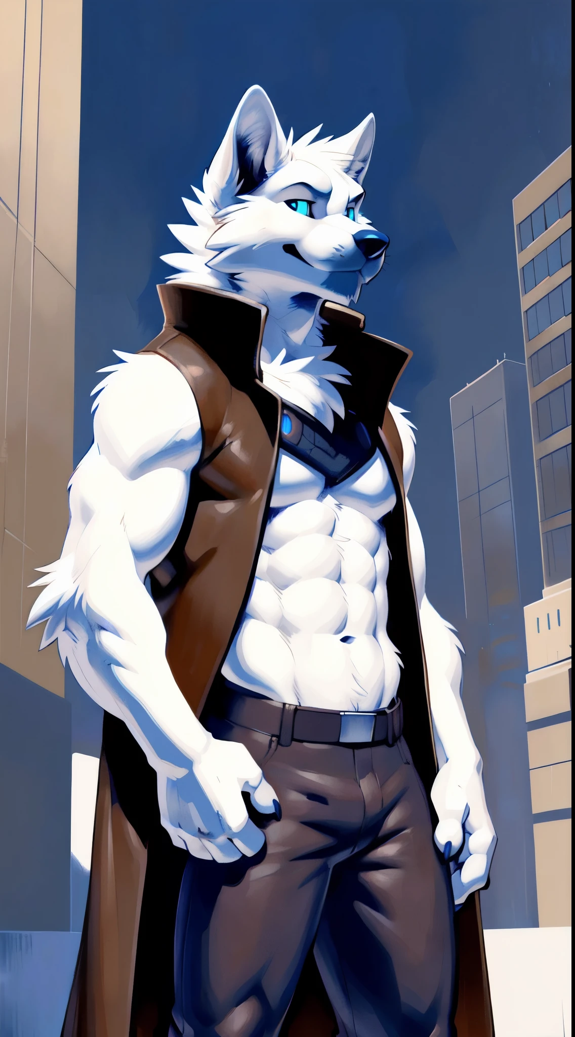 anthro:1.2 white wolf, posing for the camera. 4k, high resolution, best quality, perfect colors, perfect shadows, perfect lighting, posted on e621, furry body, anthro white wolf, white wolf, solo, male, adult, masculine, (skinny:2 build:1.4, slim), bare paws, correct anatomy, white fur (white:1 fur, detailed fur, epic, masterpiece:1.2), (detailed blue eyes:1.2), ((brown:1 futuristic high tech cloths, brown vest, coat)), dark pants (futuristic city background), (by takemoto arashi, by meesh, by Taran Fiddler)