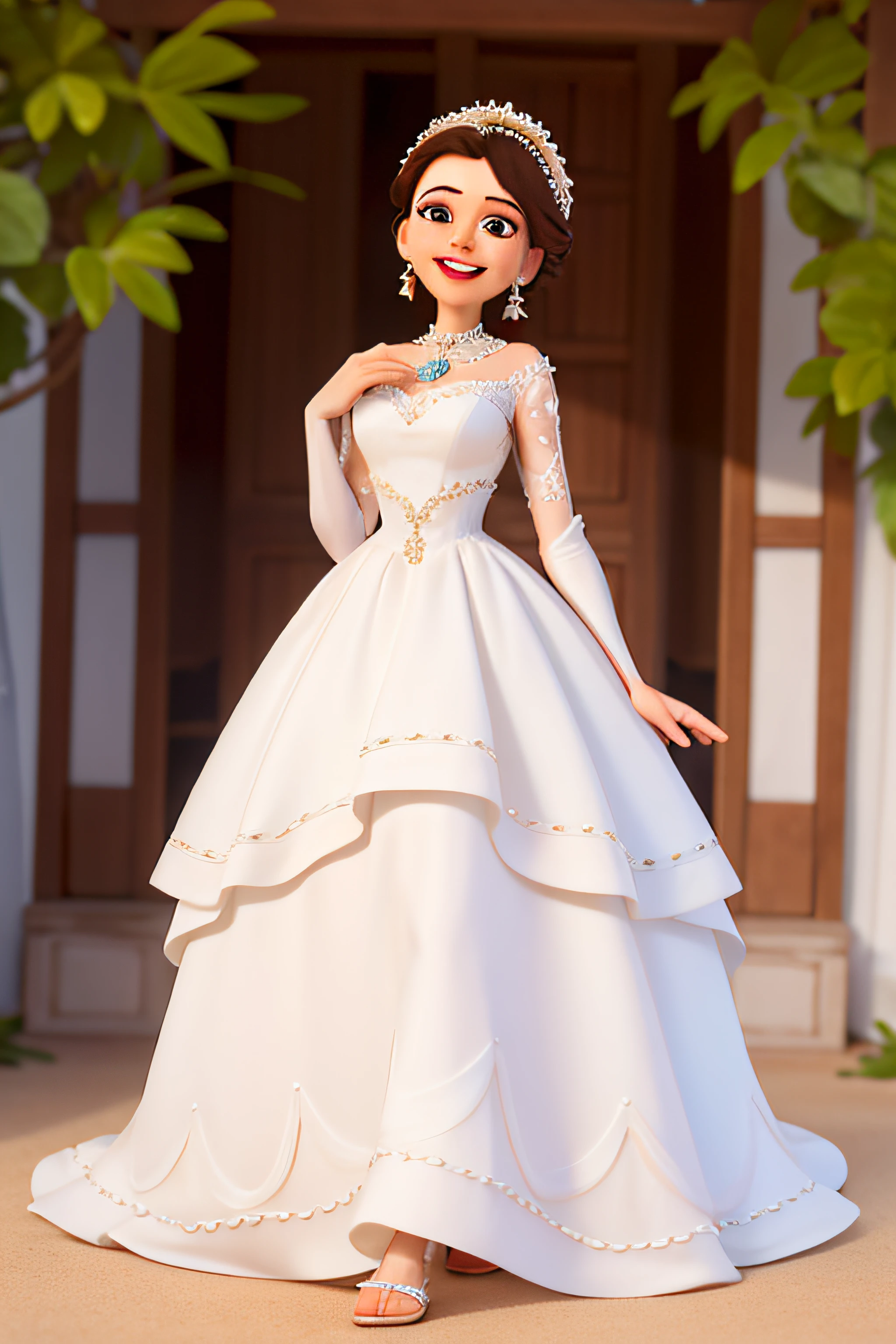 Noiva, casamento, praia, vestido de noiva branco, tradicional, vaidosa, elegante, maquaigem tradicional, large lips, uma personagem alegre no estilo Disney Pixar