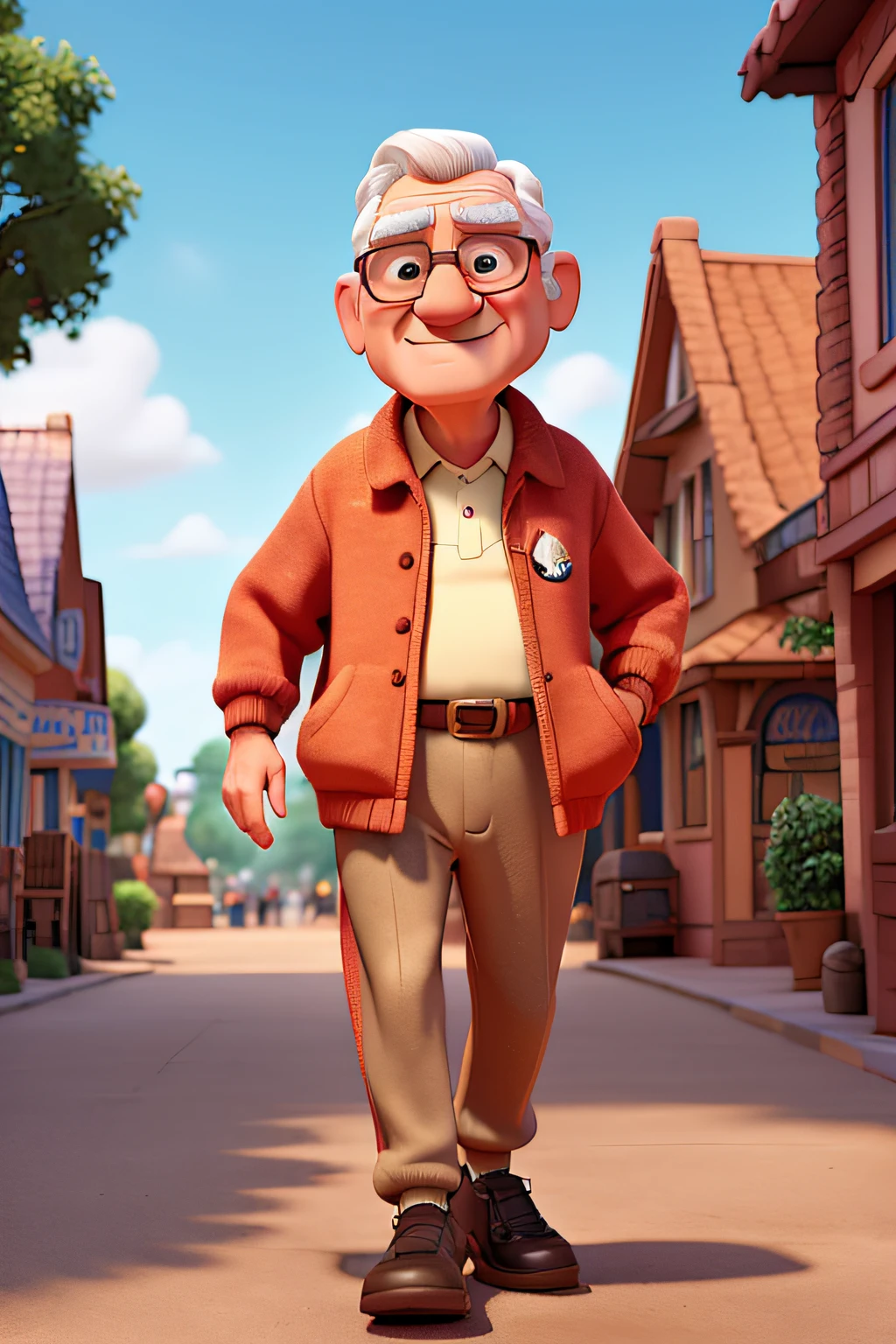 A Disney-Pixar style 3D cartoon movie poster of an old man, wearing tracksuits, walking in a small town