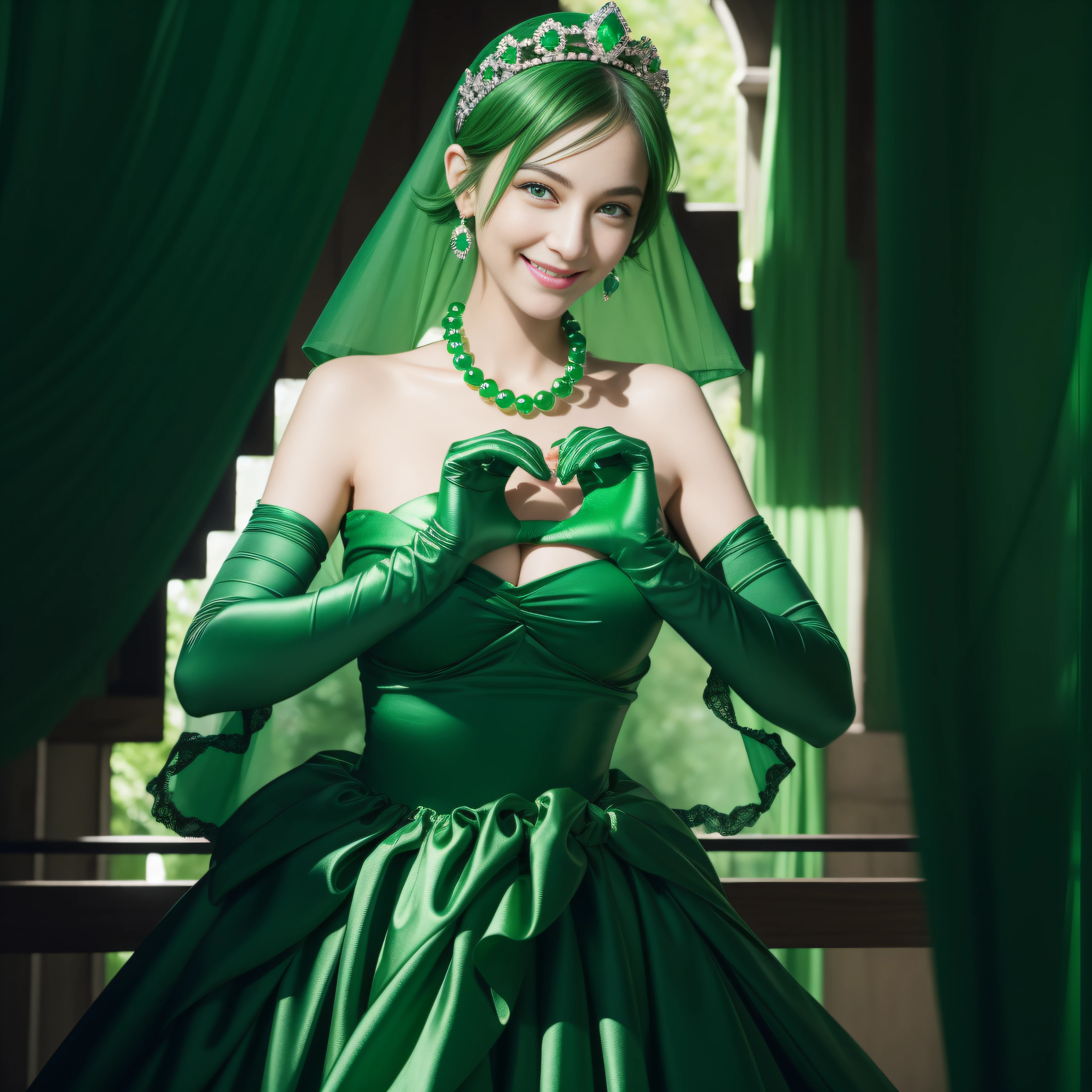 emerald tiara, Green Pearl Necklace, Boyish very short green hair, lipsticks, Japan woman smiling, very short short hair,  big breasts beautiful, Green eyes, Long green gloves made of satin material, Green eyes, Emerald Earrings, green vale, Heart with both hands