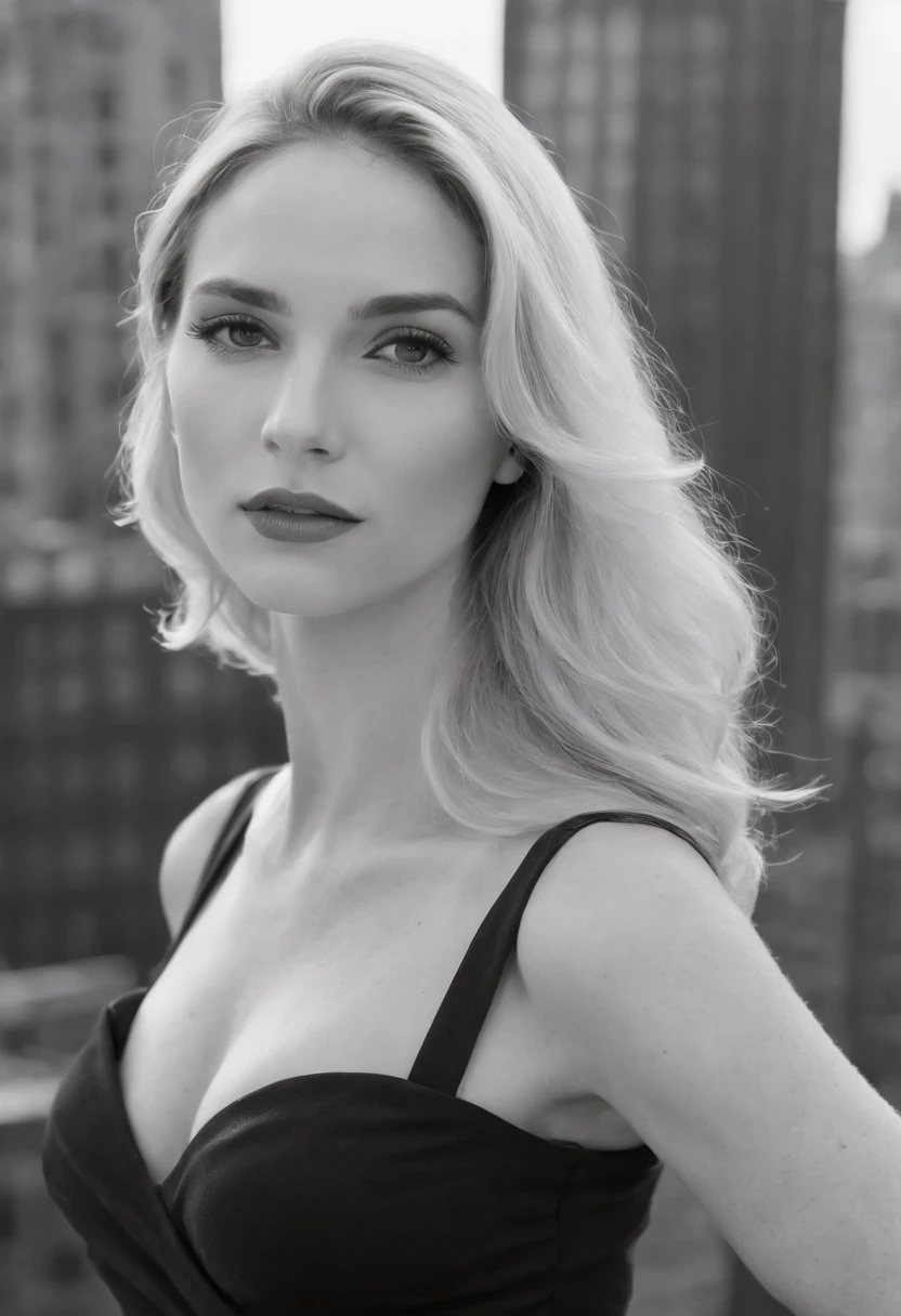 A black and white photo of Catherine standing at the edge of a rooftop, overlooking the city below, her hair blowing in the wind.,Basic Instinct,Catherine Tramell, the enigmatic character from “Basic Instinct,” is portrayed with a striking and seductive appearance, characterized by her icy blonde hair, sharp features, and a confident, almost predatory poise. Her wardrobe is sophisticated and alluring, often consisting of sleek, form-fitting dresses that enhance her manipulative charm and commanding presence. Personality-wise, Catherine is intelligent, articulate,