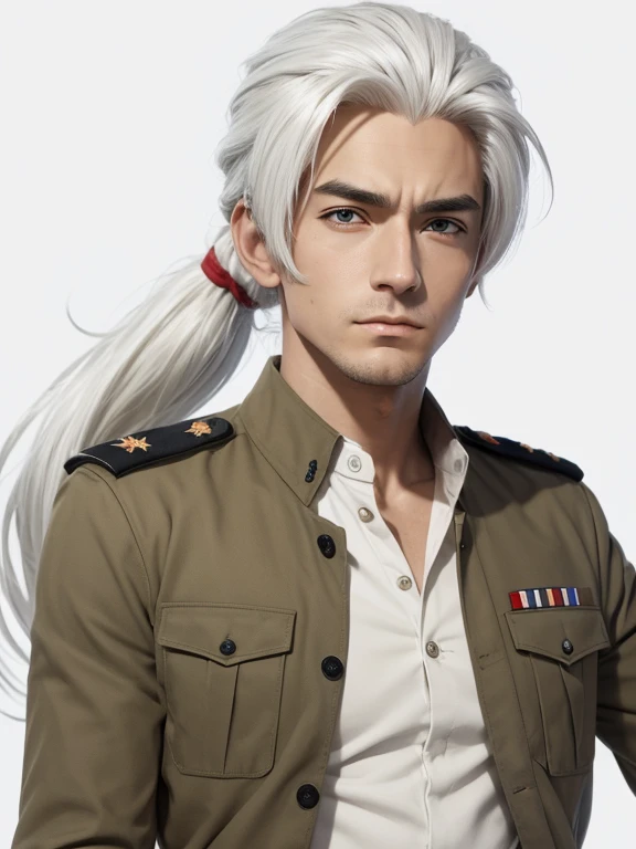 Anime, masterpiece, white background, Male, sand white hair, straight, ponytail, young masculine face, military uniform