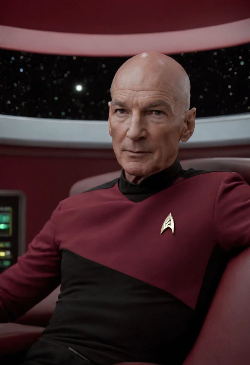 A photo of Captain Picard sitting in the ship's observation lounge, peering through a telescope at a distant nebula.,Star Trek: The Next Generation,Picard is bald, with a poised, upright bearing, and a measured, commanding presence that complements his tactical brilliance. His visage is marked by sharp, discerning eyes and a stately air, often clad in the sleek, red and black Starfleet uniform that denotes his rank and the respect he commands as captain