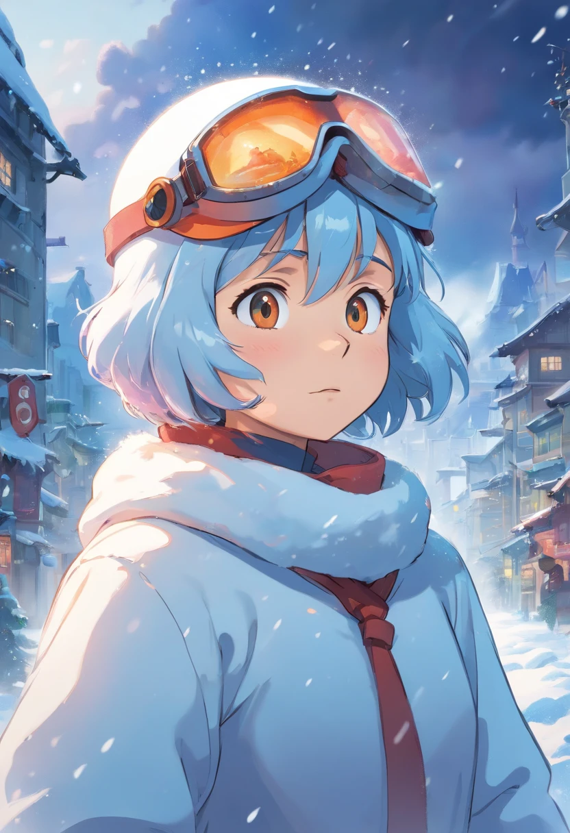 A Snowman character amidst the chaos of a DDOS attack, her eyes concealed behind a snow-covered visor. She stands resolute in a dystopian world where pandemonium unfolds before her. This artwork combines the unique styles of cartoons and realism, portraying a character with a snow-covered visor that obscures her eyes, emphasizing the obscured vision and the world in turmoil.