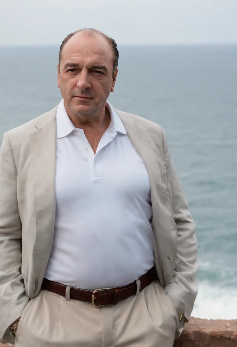 A photo of Tony standing on the edge of a cliff overlooking the ocean.,The Sopranos,Tony Soprano, the fictional mob boss in “The Sopranos,” is a physically imposing figure, with a broad, stocky build, and a face that often shifts between a charming smile and a menacing glare. His attire, usually consisting of sharply tailored suits or casual polo shirts, adds to his air of authority and the duality of his life as a mobster and family man.