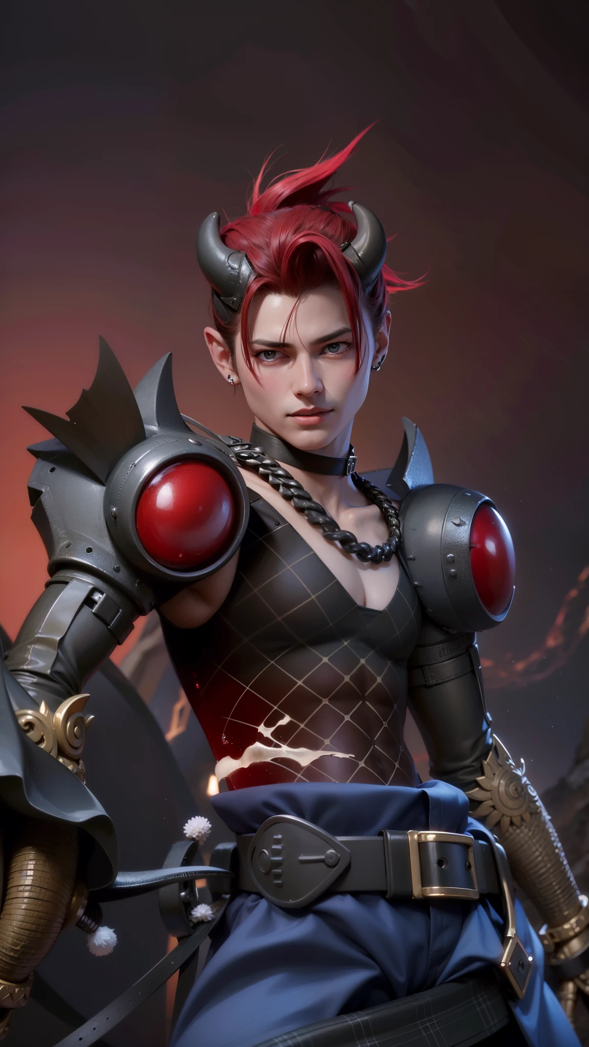 masculine male, masterpiece, ((perfect eyes)) best quality, (semirealism:1.9), beautiful lighting, (extremely detailed CG unity 4k fhd wallpaper), High Detail, Sharp focus, dramatic outdoors, 1 boy ,19 years old, white hair, light purpel eyes, smile,Boy with two big horns, big earrings on ears, elf ear, red eyes, Thick eyebrows, evil smile, grinning,red body, red face, Burning skin, yellow diamonds glistening on chest, burning red skin,golden robe behind, big white belt , 8k , realistic, scary,