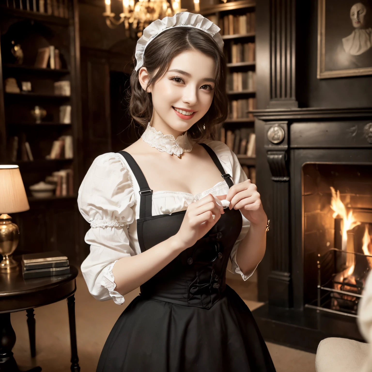 (((Best Quality, masutepiece, 超A high resolution、The most complex and detailed depictions)))、((1人の女性、Beautiful maid、Adult maid、victorian maid, black and white maid uniform、Maid outfit with a big apron、Perfect smile、A big smile staring at the camera、Graceful standing))、(Chiaroscuro、Portrait Style, antique interior, gothic bookshelf, a desk, Cinematic Light, Formal atmosphere, retro vibes、Rooms at Medieval Europe、gothic fireplace、Huge bookshelf)、(Classy chairs and desks near bookshelves、Calm and elegant rooms、Bright lighting in warm tones、Perfect gas chamber、Perfect fingers、A slender、Beautiful white teeth、Beautiful hair and skin、perfect anatomia)