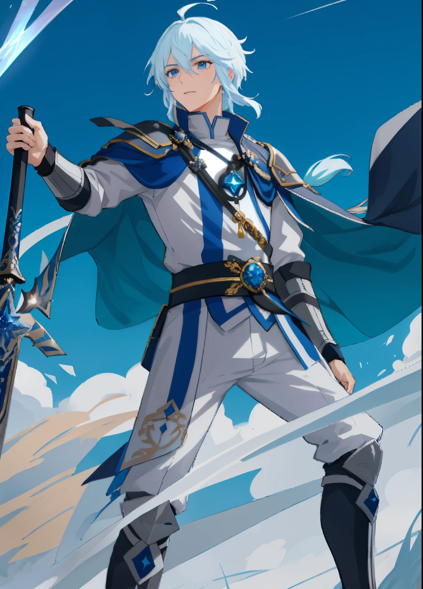 anime character with sword and cape in front of a blue sky, casimiro arte, Keqing de Genshin Impact, Personagem Genshin Impact, Genshin, hero 2 d fanart artsation, picture of a male cleric, cara de anime alto com olhos azuis, arte oficial altamente detalhada, full portrait of magical knight, crisp clear rpg portrait, um paladino masculino humano, olhos grandes e detalhados, adicionar muitos detalhes, texturas, textura na pele, sombra e luz, OLHAR confiante, olhar forte, rosto malvado, homem confiante, corajoso, cabelo branco, white hair, homem corajoso