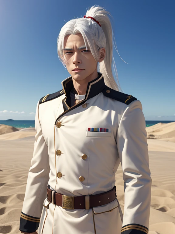 Anime, white background, Male, sand white hair, straight, ponytail, young masculine face, military uniform