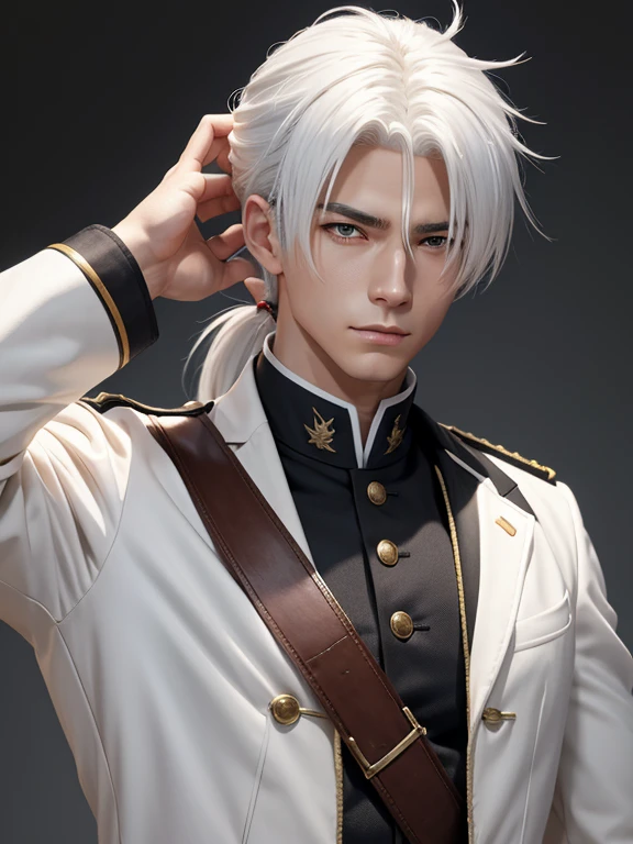 Anime, white background, Male, sand white hair, straight, ponytail, young masculine face, military uniform