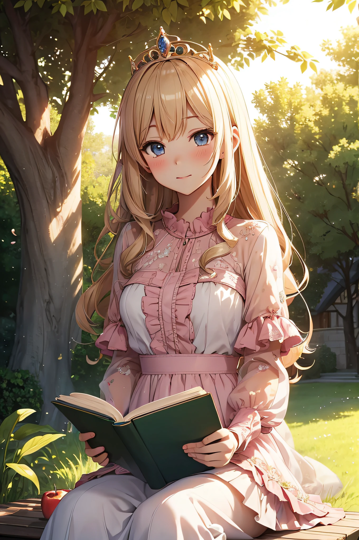 princess, cute face, blush, light dress, exquisite finish, sitting under the tree, reading book, hentai book, apple garden, warm morning, haze, detailed, extreme light effect, high quality