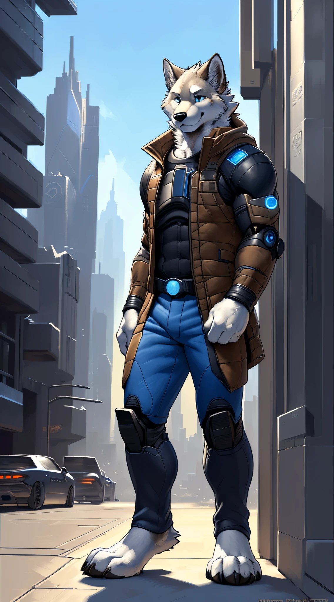 Front view, (mass effect game):1.4 full height, anthro (white wolf), male, white wolf, adult, solo, skinny:1, slim:1 build, tall,  (brown:1 futuristic high tech cloths, brown vest, coat), dark pants, robotic paws, correct anatomy, tail, skinny:1.9, (white:1 fur, detailed fur:1.4), smiling, (high quality ultradetailed:1 blue eyes), futuristic city background, photorealistic, hyperrealistic, ultradetailed, (masterpiece:1.2), epic, natural lighting, (by takemoto arashi, by meesh, by Taran Fiddler)