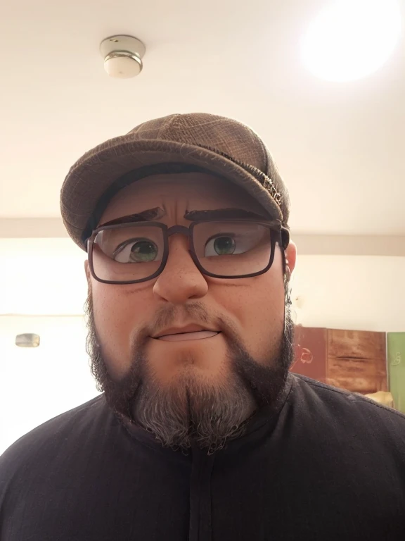 Homem branco gordo com barba no queixo usando boina marrom no estilo peaky blinders com oculoa preto, estilo pixar, alta qualidade
