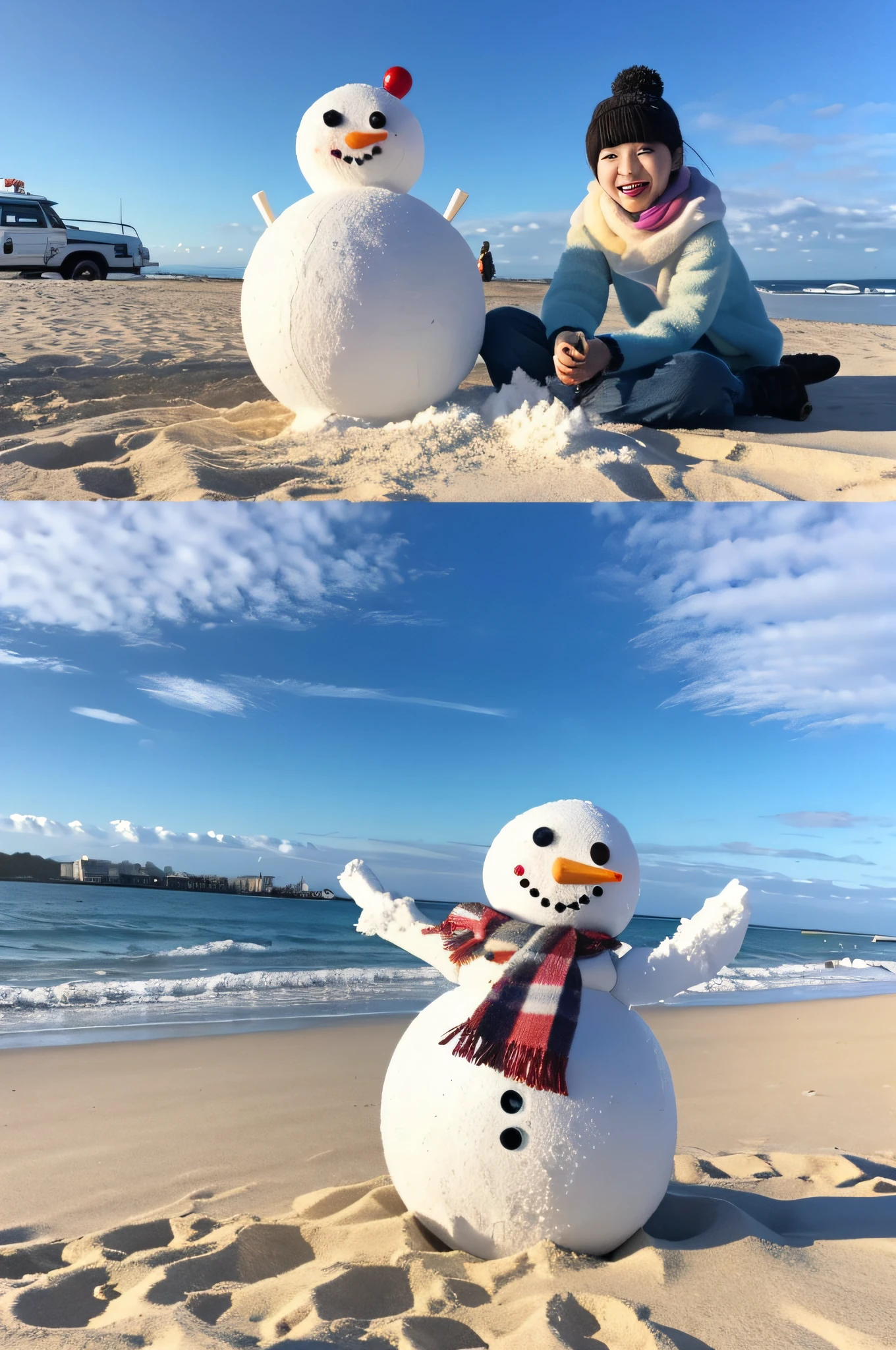 Top image quality、masutepiece、top-quality、A hyper-realistic、Photorealsitic、Snowman vacationing on the beach
