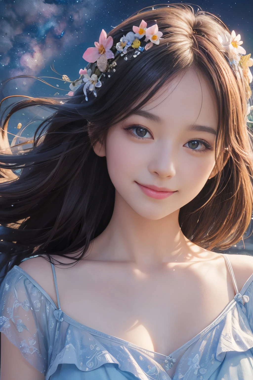 (best quality,4k,8k,highres,masterpiece:1.2),ultra-detailed,(realistic,photorealistic,photo-realistic:1.37),vibrant colors,soft lighting,astro-romantic,ethereal atmosphere,surreal backdrop,mesmerizing beauty,powerful presence,meticulous attention to detail,expressive eyes,blooming flowers in the background,enchanting summer evening This is a summer fantasy art painting about a girl。She is a happy smiling star,wearing in a summer dress,Wearing a cosmic bikini,Floating between the background of the Milky Way and stars。The whole picture is of the best quality,Realistic details,vibrant with colors,she has a happy smile,Bright eyes,Demonstrate a strong sense of presence。her eyes are bright and expressive,beautiful flowers blooming all around。The background of the picture presents a surreal atmosphere,Against the backdrop of the starry universe,It gives a fantastic feeling。The whole picture reveals romance、Mysterious and charming atmosphere,Every detail is carefully handled,Create a compelling piece of work。