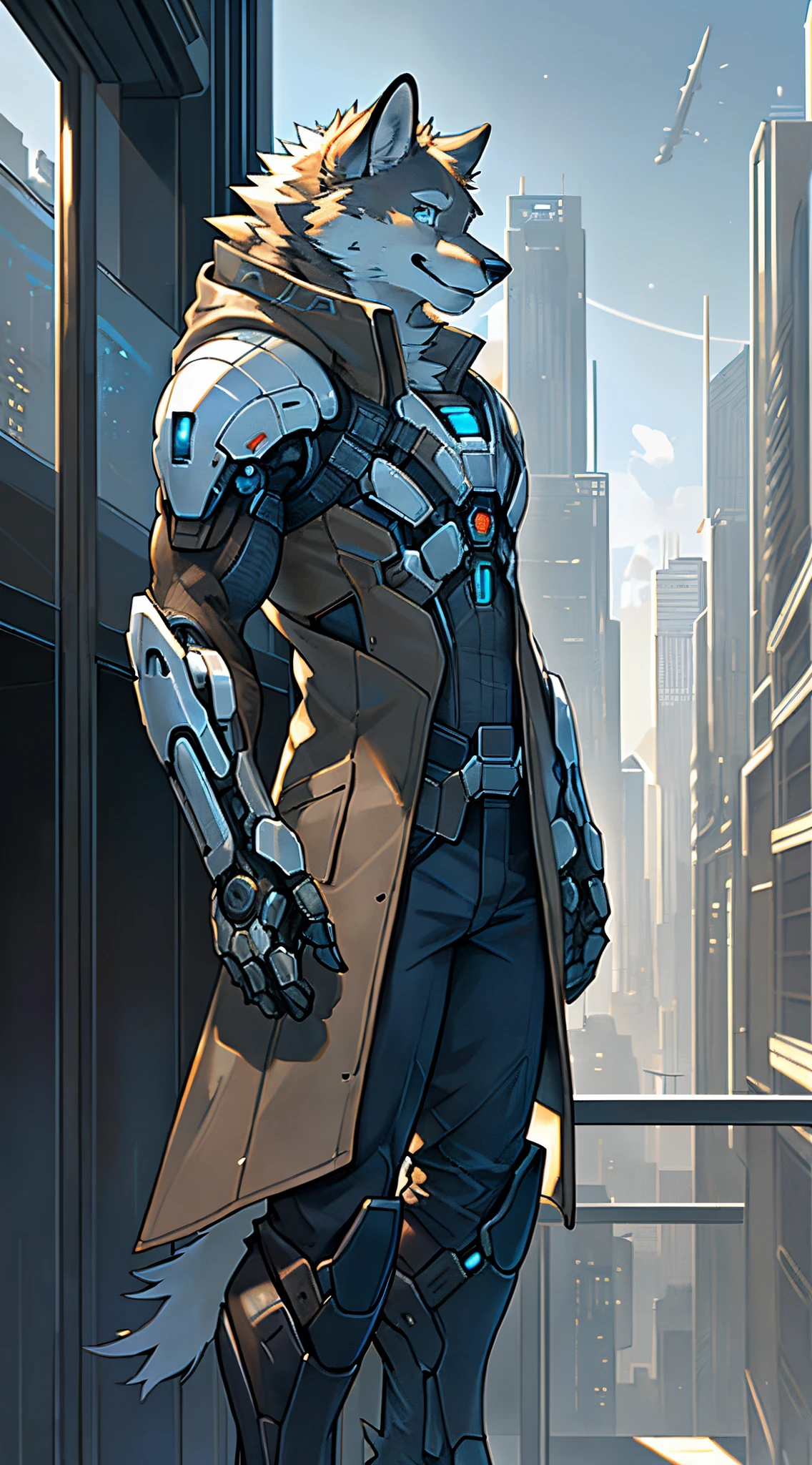 Front view, (mass effect game):1.4 full height, anthro (white wolf), male, white wolf, adult, solo, skinny:1, slim:1 build, tall,  (brown:1 futuristic high tech cloths, brown vest, coat), dark pants, robotic paws, correct anatomy, tail, skinny:1.9, (white:1 fur, detailed fur:1.4), smiling, (high quality ultradetailed:1 blue eyes), futuristic city background, photorealistic, hyperrealistic, ultradetailed, (masterpiece:1.2), epic, natural lighting, (by takemoto arashi, by meesh, by Taran Fiddler)