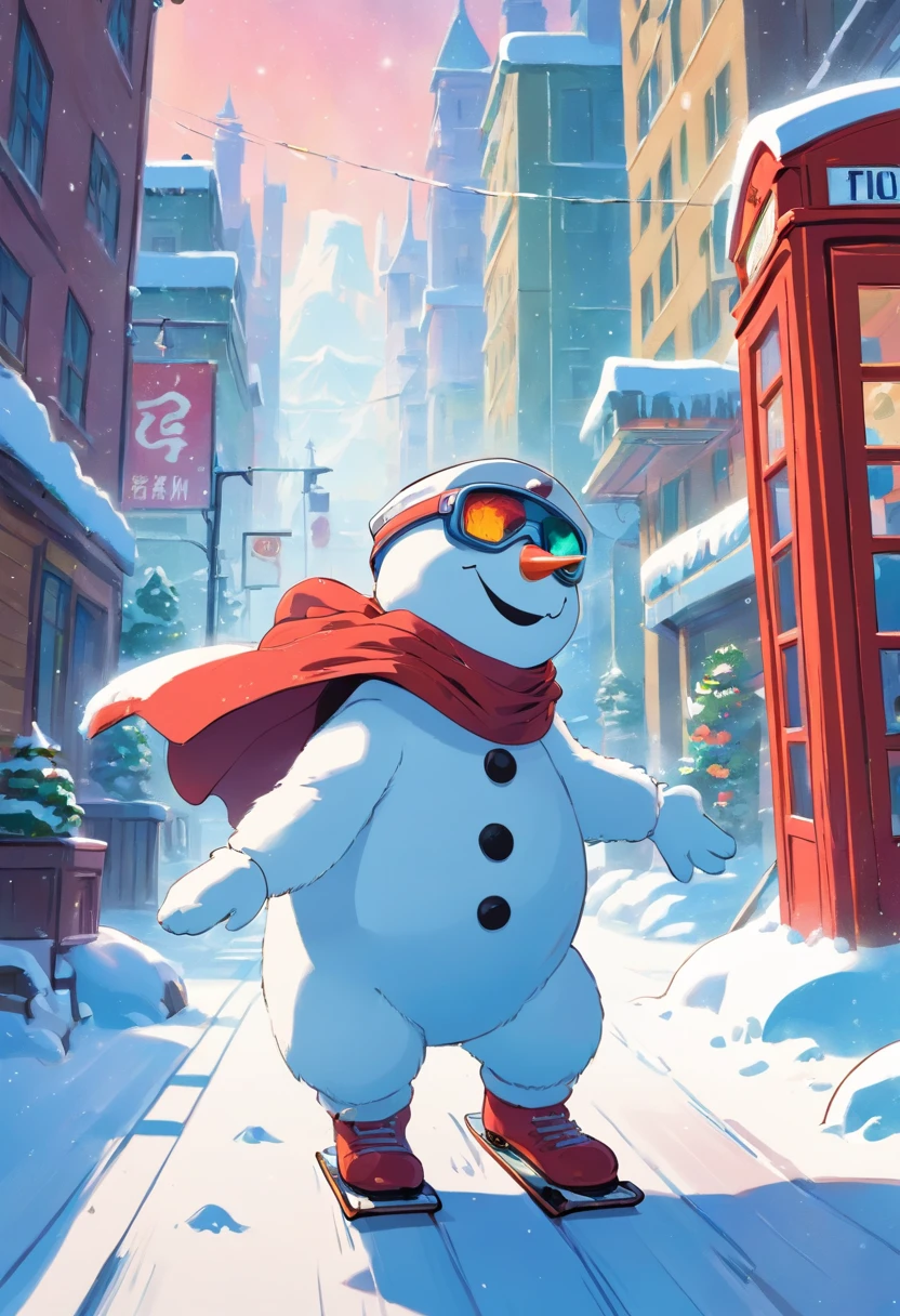"In an 80s cartoon style, a snowman takes on the role of a superhero in a charming scene. Dressed in a vibrant cape and heroic accessories, the snowman displays a happy face as he waits for a bus. Positioned Centrally in the image, he stands in front of an iconic red telephone booth. Intricate details, such as the texture of the snow and the cheerful lines, make for a true masterpiece. The complex, high-quality background adds depth to the scene, highlighting the lively atmosphere of classic 80s cartoons." Snowboarding shot, ice, Snowstorm