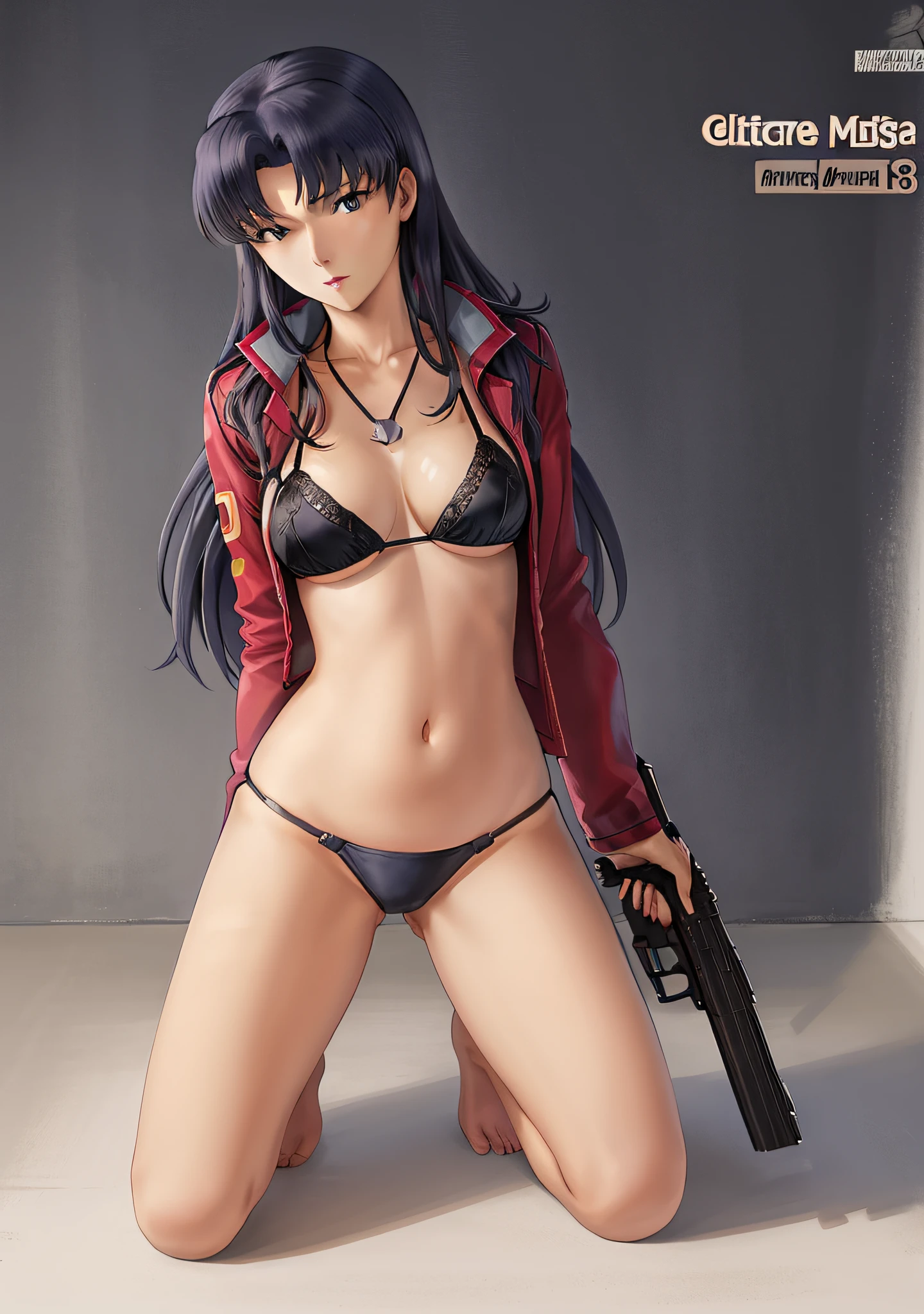 Katsuragi_Misato, 
1girl, gun, weapon, handgun, pistol, solo, holding_gun, jewelry, katsuragi_misato, necklace, underwear, barefoot, black_panties, trigger_discipline, panties, clothes_pull, long_hair, lingerie, jacket, kneeling, breasts, blue_hair, 
high detail,Cinematic light, intricate detail,highres, high detail,detailed,best quality,