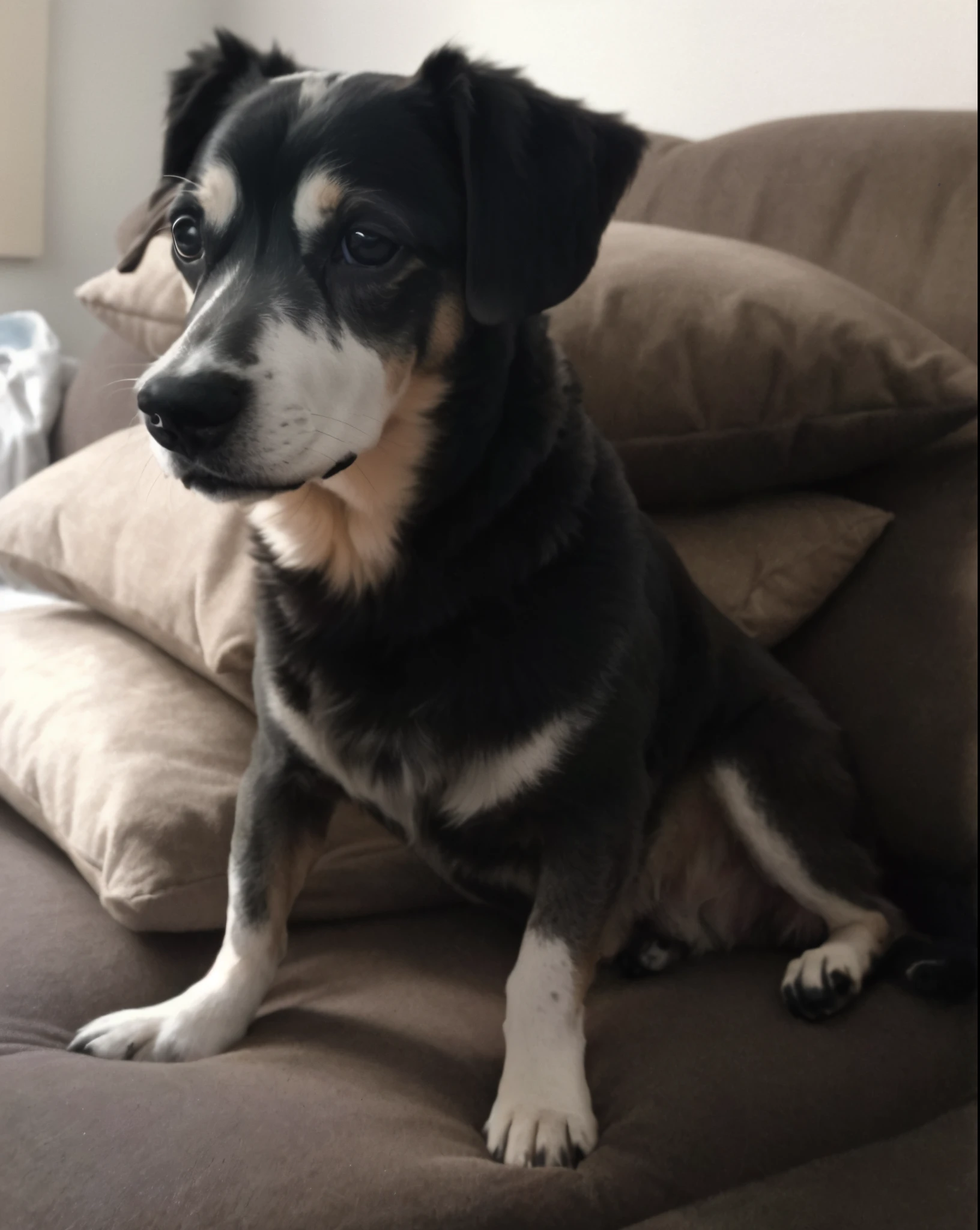 there is a dog sitting on a sofa with cushions, Anos, Barney aposentado, ela tem cerca de 1 6 anos de idade, circunstanciado!, olhando de lado!, Very detailed!, Smokey, pimenta, muito bobo olhando, Sally, homem mais velho, Heidi, Emma, olhando para a sua esquerda, Enevoado, 2 0 I, 20 anos, atordoante!, sitting on the couch
