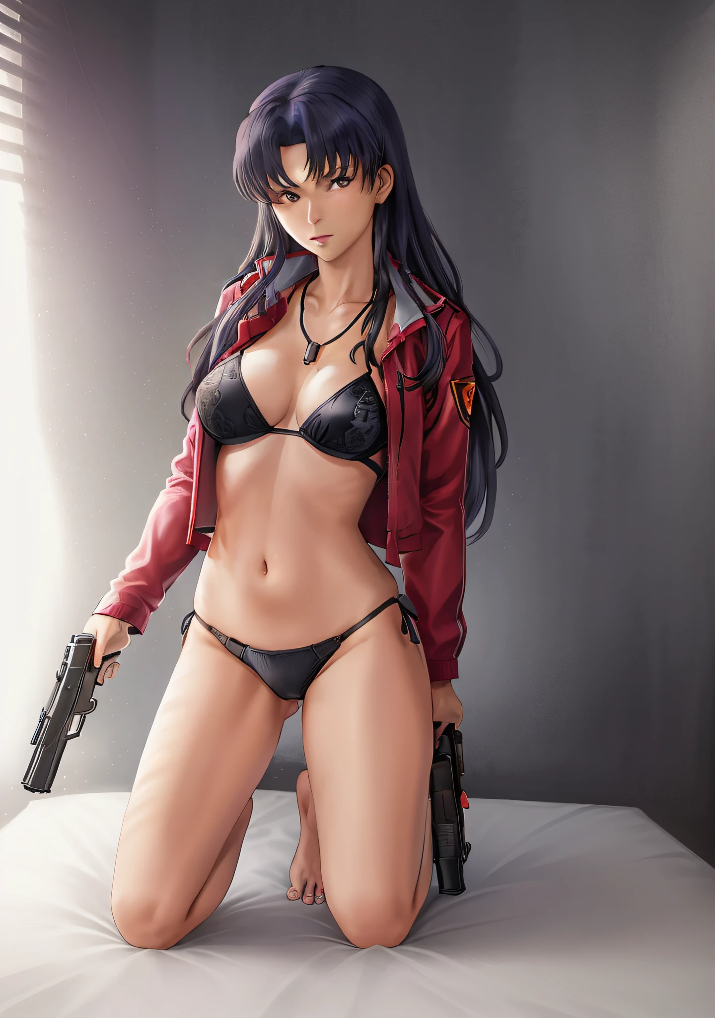 Katsuragi_Misato, 
1girl, gun, weapon, handgun, pistol, solo, holding_gun, jewelry, katsuragi_misato, necklace, underwear, barefoot, black_panties, trigger_discipline, panties, clothes_pull, long_hair, lingerie, jacket, kneeling, breasts, blue_hair, 
high detail,Cinematic light, intricate detail,highres, high detail,detailed,best quality,