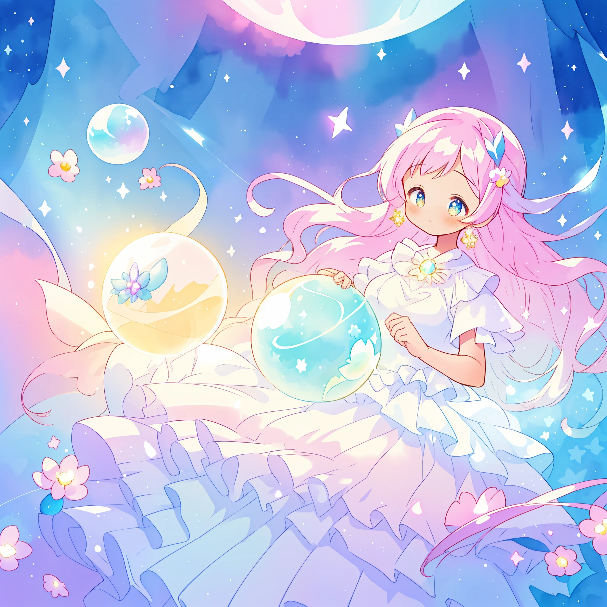 beautiful girl in sparkling white dress holding a magical sphere, ((sparkling puffy layered ballgown)), (magical, whimsical), (glowing magical orb), long flowing colorful hair, colorful fantasia background, watercolor illustration, disney art style, glowing aura around her, glowing lights, beautiful digital illustration, fantasia otherworldly landscape plants flowers, beautiful, masterpiece, best quality, anime disney style