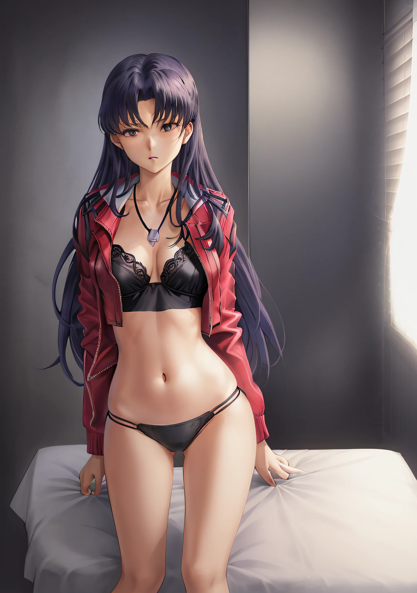 Katsuragi_Misato、
1girl in, guns, arma, pistols, pistol, 独奏, holding_gun, jewely, katsuragi_misato, a necklace, undergarment, bare-legged, black_panties, trigger_discipline, panties on, clothes_pull, long_hair, an lingerie, jaket, kneeking, breastsout, blue_hair,
High Detail、ciinematic light、intricate detailes、hight resolution、High Details、the detail、top-quality、too small underwear、Sleeping in bed、Sexy pose with one knee standing、Underwear of very thin fabric