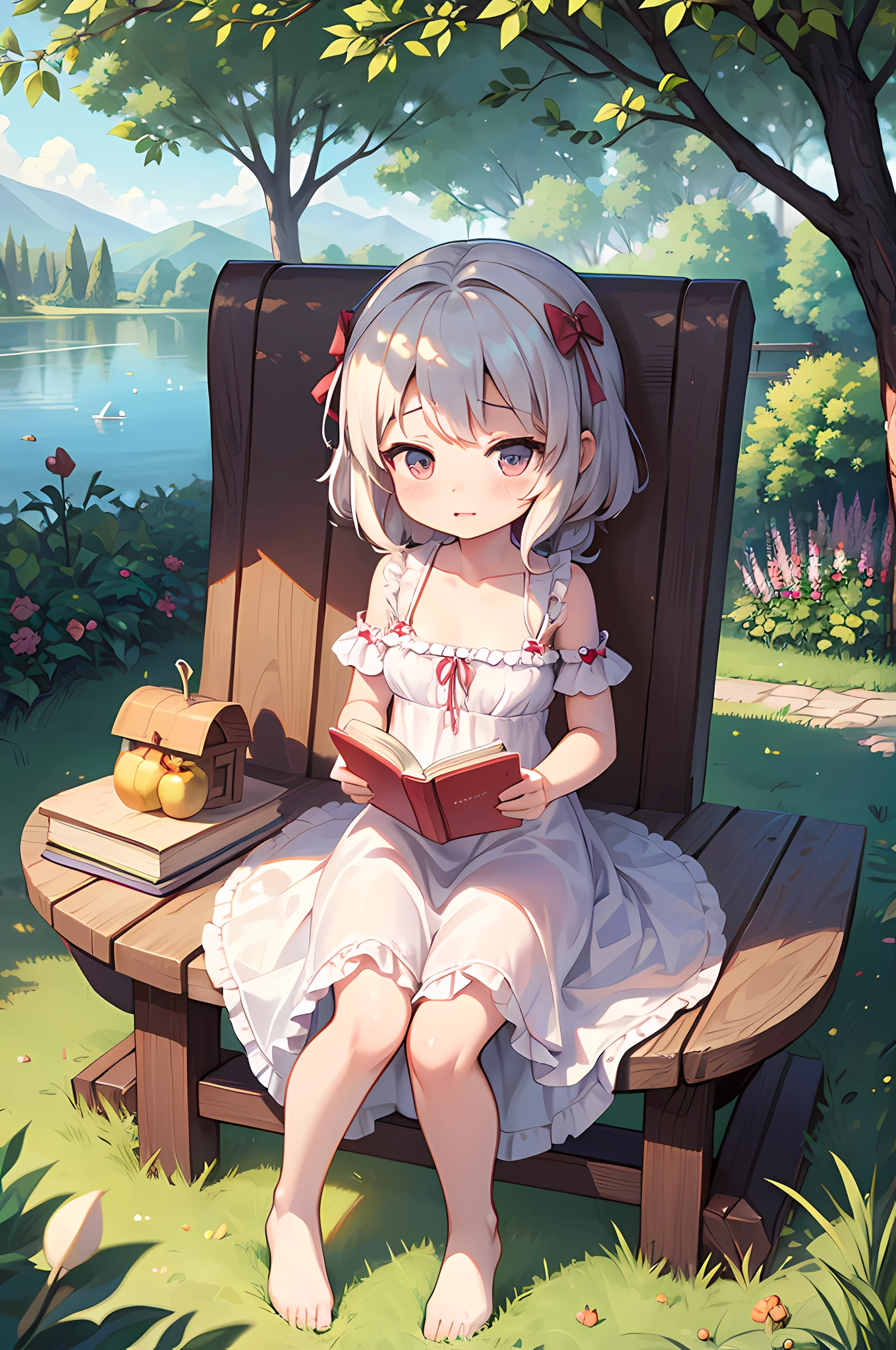 **** princess, lewd face, light dress, pulled up dress, little breast, sitting under the tree, reading book, apple garden, lake, warm morning, haze, detailed, extreme light effect, high quality, 4k