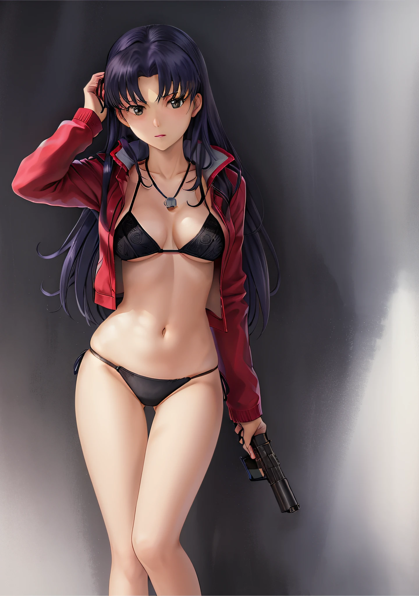 Katsuragi_Misato、
1girl in, guns, arma, pistols, pistol, 独奏, Holding_gun, jewely, Katsuragi_Misato, a necklace, undergarment, bare-legged, Black_Panties, trigger_discipline, panties on, Clothes_pull, long_hair, an lingerie, jaket, kneeking, breastsout, Blue_hair,
high detailing、ciinematic light、intricate detailes、hight resolution、High Details、the detail、top-quality、fullnude、Seductive lingerie、Open your legs