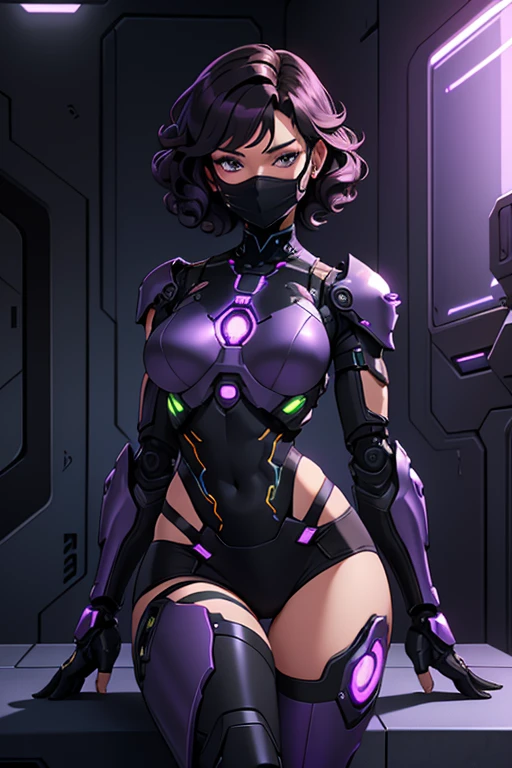 A beautiful, young, barefoot cyborg woman, wearing cybernetic technological black and purple body armor with a skirt, prosthetic arms and legs and a facemask , with short shoulder-length curly hair, in a futuristic room.