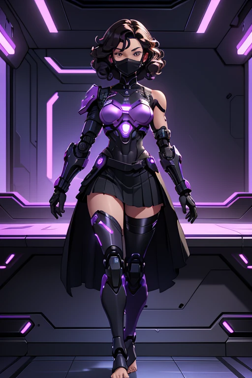 A beautiful, young, barefoot cyborg woman, wearing cybernetic technological black and purple body armor with a skirt, prosthetic arms and legs and a facemask , with short shoulder-length curly hair, in a futuristic room.