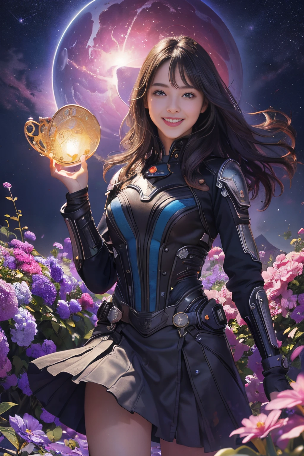 A girl with a happy smile stands alone in a vibrant garden filled with colorful flowers. Her eyes shimmer with beauty and her lips are perfectly detailed. She exudes confidence and joy, shining like a film star amidst the mesmerizing galaxy of stars above. The scene is infused with an astropunk aesthetic, combining futuristic elements with a touch of rebellion. The artwork is created using the medium of fractal art, showcasing intricate patterns and mesmerizing details. The image quality is of the highest standard, with a resolution of 4k or 8k, capturing every nuance and creating a true masterpiece. The level of detail is extraordinary, with ultra-detailed features that bring the artwork to life. The overall style is realistic and photorealistic, capturing the essence of the subject matter. Vivid colors pop against a dark backdrop, creating a stunning visual contrast. The lighting is expertly crafted, with studio lighting techniques adding depth and dimension to the scene.