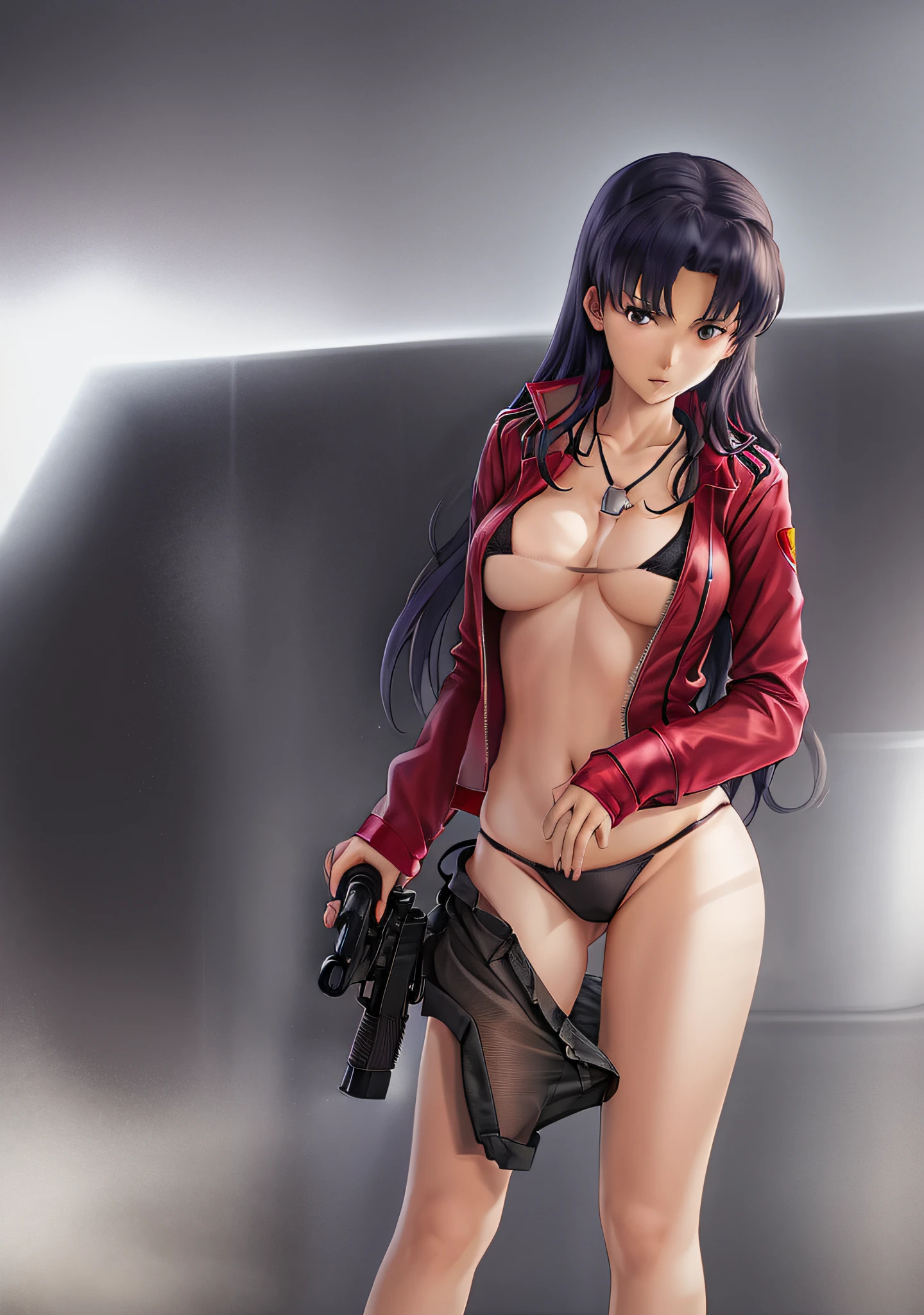 Katsuragi_Misato、
1girl in, guns, arma, pistols, pistol, 独奏, Holding_gun, jewely, Katsuragi_Misato, a necklace, undergarment, bare-legged, Black_Panties, trigger_discipline, panties on, Clothes_pull, long_hair, an lingerie, jaket, kneeking, breastsout, Blue_hair,
high detailing、ciinematic light、intricate detailes、hight resolution、High Details、the detail、top-quality、fullnude、Seductive lingerie、Open your legs