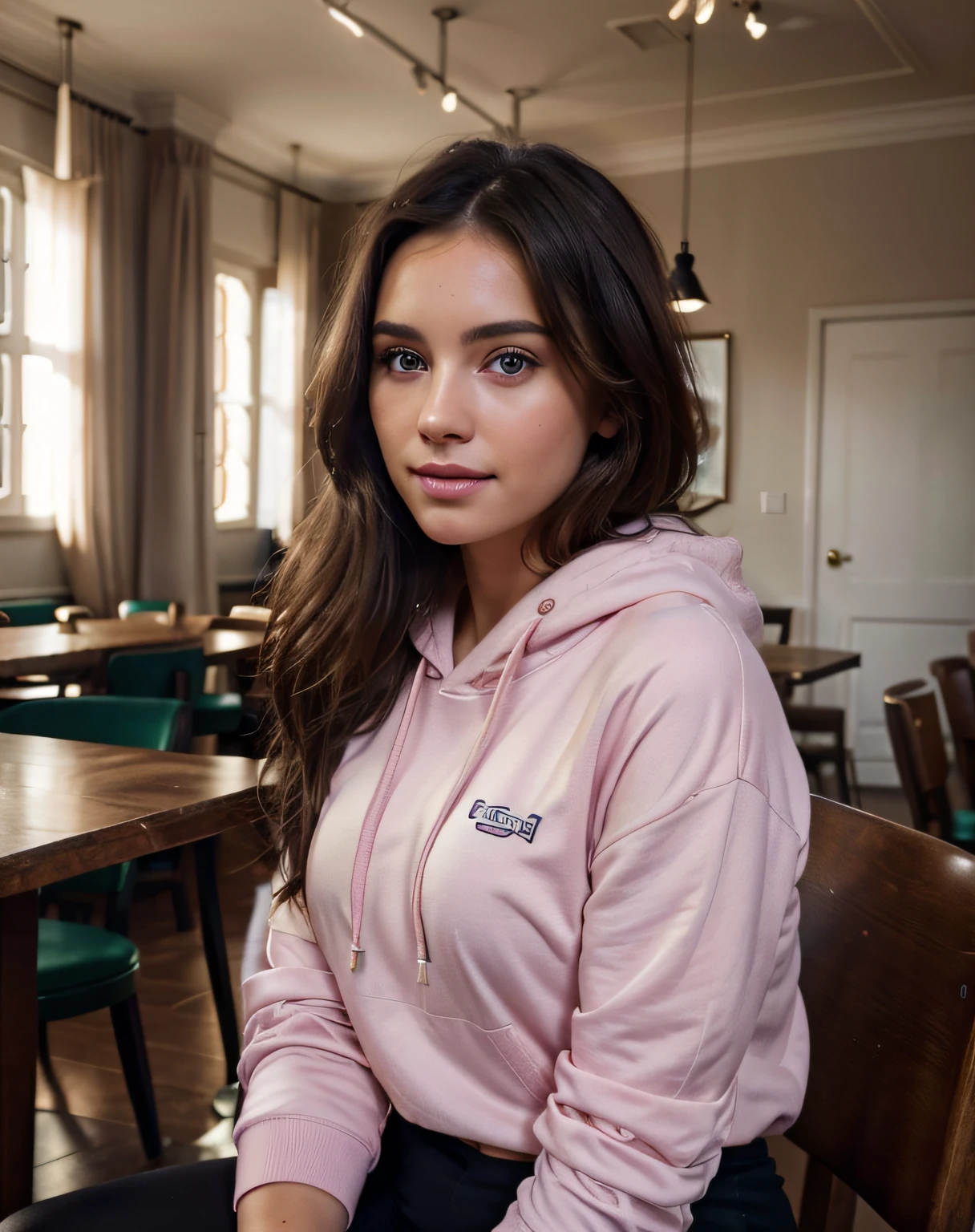 beautiful european girl with green eyes and brunette hair, wearing pink hoodie and black leggings, smilling, sitting at a cafe with many people in the background, ultra high resolution, (photorealistic: 1.4), high resolution ,( blue eyes), (finely detailed skin), (perfectly proportions) (photos realistic) (masterpiece) (photorealistic), ultrarealistic (Best Quality) (Detailed) photographed in a Canon EOS R5, 50mm Lens, F/2.8, (8K) (Wallpaper) (Cinematic lighting) (Dramatic Lighting) (Convoluted) Fashion