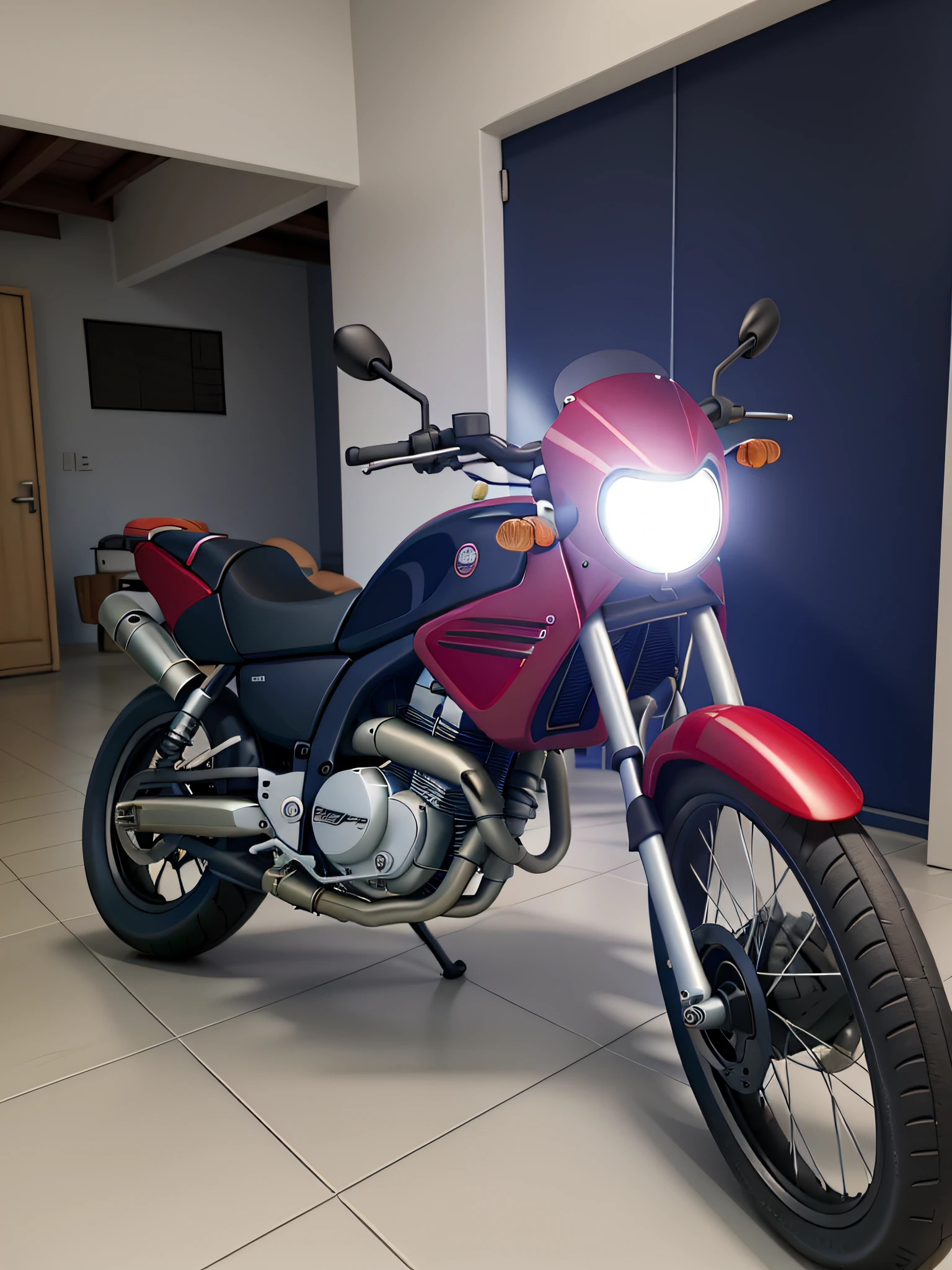 uma motocicleta vermelha com detalhes pretos e atras da motocicleta tem uma porta preta e a parede branca, igual aos filmes Disney Pixar