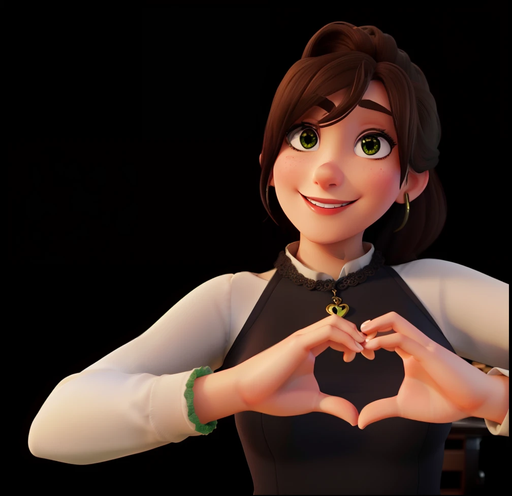 Woman with greenish brown eyes smiling and making a heart with her hands