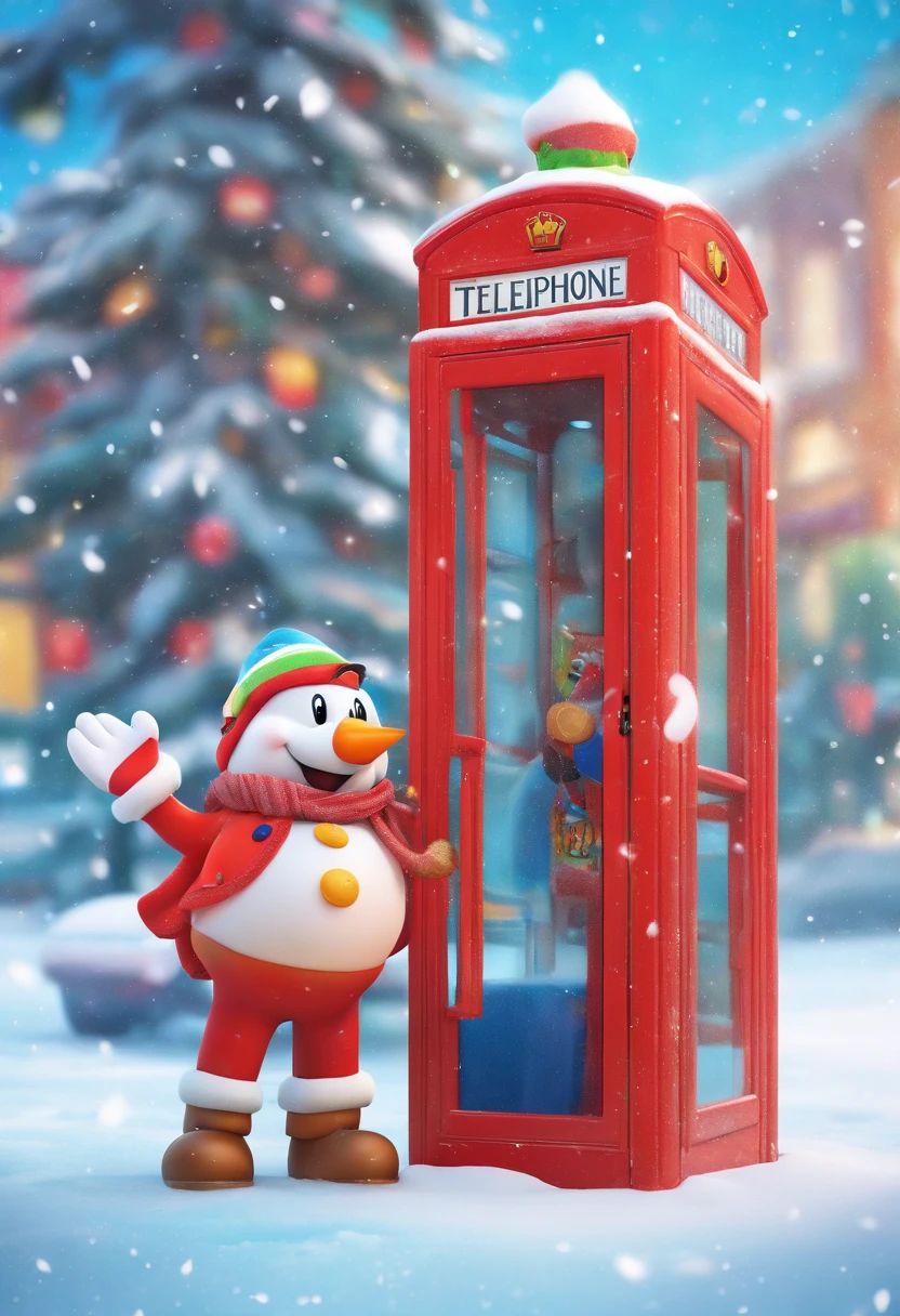 "((8k uhd high detail, 8k cinematic art)), In an 90s cartoon style, a snowman takes on the role of a superhero in a charming scene. Dressed in a vibrant cape and heroic accessories, the snowman displays a happy face as he waits for a bus. Positioned Centrally in the image, he stands in front of an iconic red telephone booth. Intricate details, such as the texture of the snow and the cheerful lines, make for a true masterpiece. The complex, high-quality background adds depth to the scene, highlighting the lively atmosphere of classic 80s cartoons." Snowboarding shot, ice, Snowstorm
