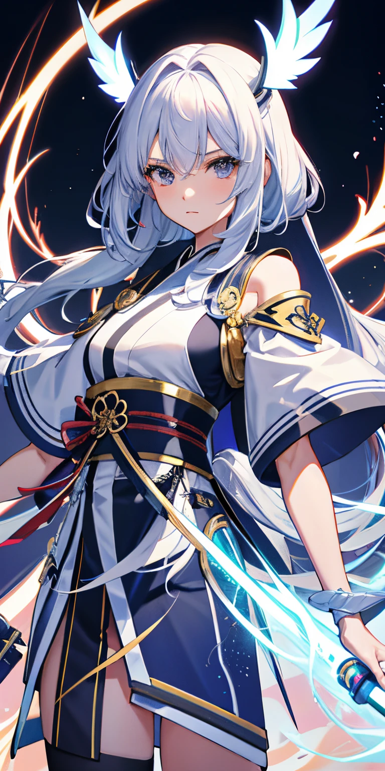Cabelos escuros e longos, Electric Sword, roupas japonesas