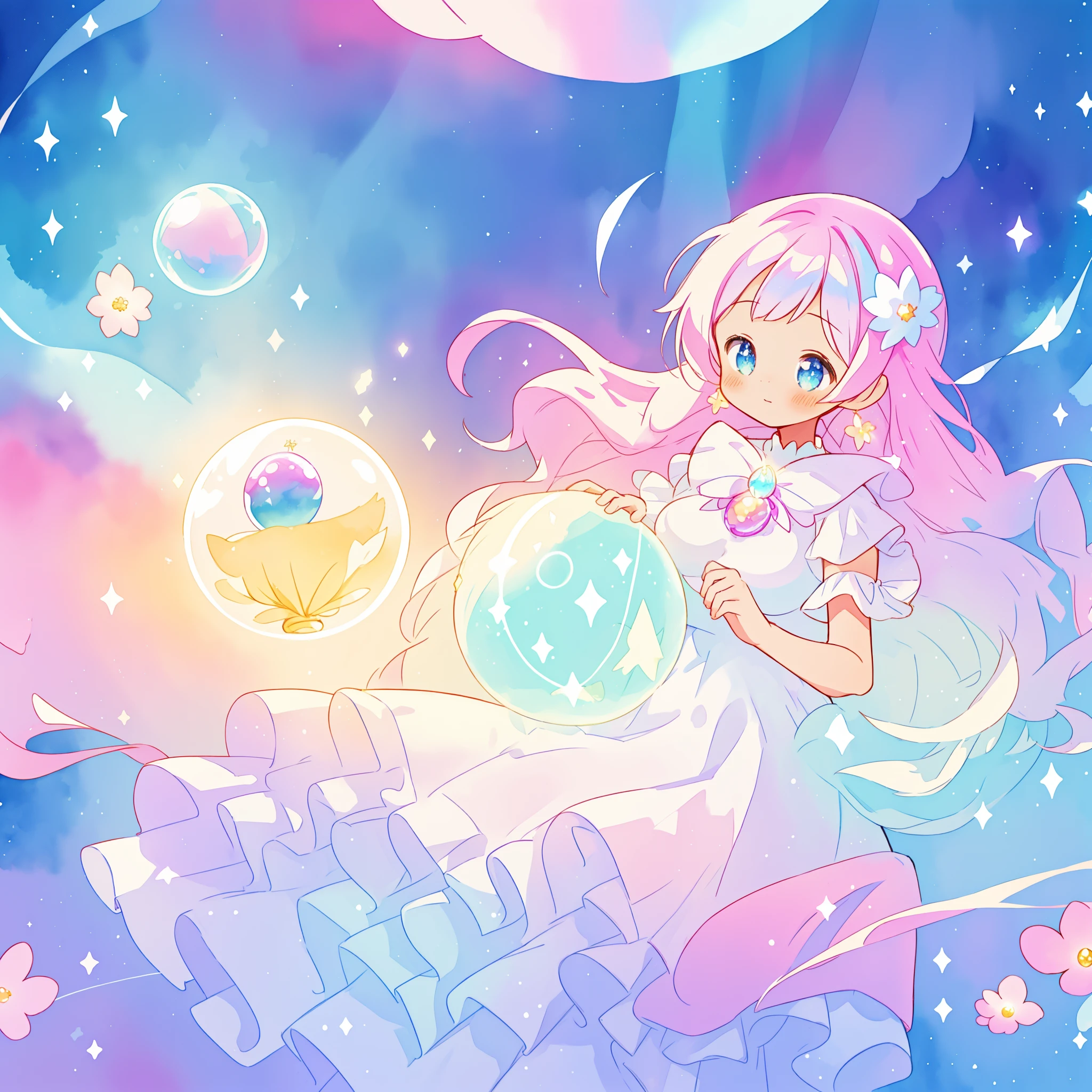 beautiful girl in sparkling white dress holding a magical sphere, ((sparkling puffy layered ballgown)), (magical, whimsical), (glowing magical orb), long flowing colorful hair, colorful fantasia background, watercolor illustration, disney art style, glowing aura around her, glowing lights, beautiful digital illustration, fantasia otherworldly landscape plants flowers, beautiful, masterpiece, best quality, anime disney style