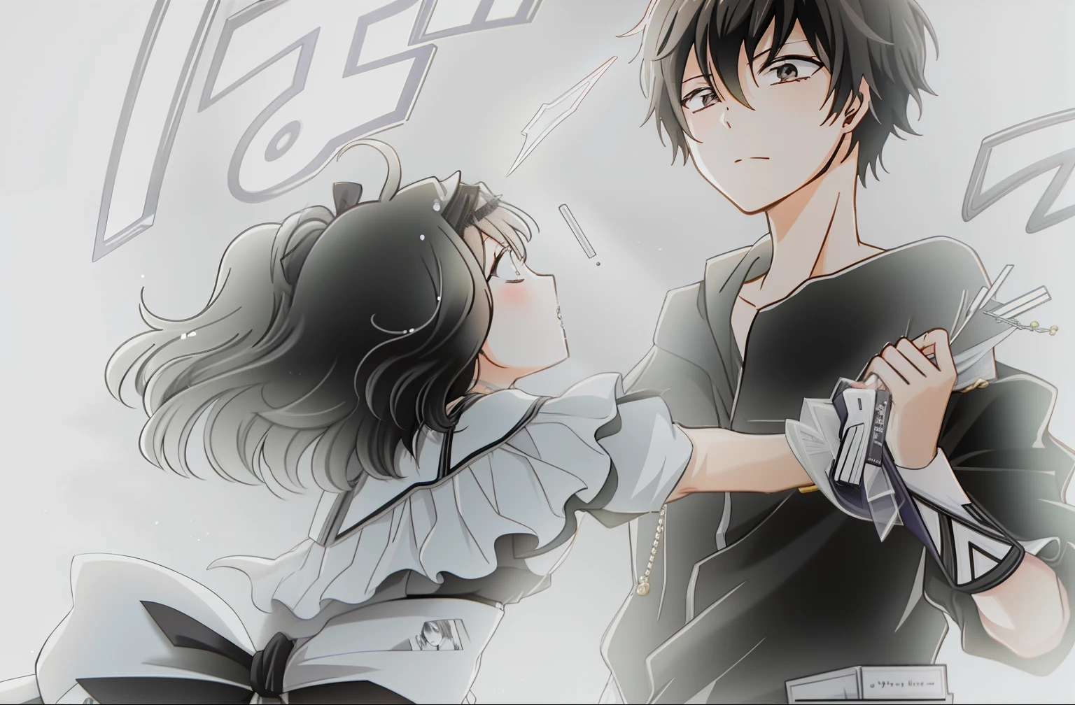 casal de anime apaixonado por uma menina e um menino, black and white manga style, black and white manga panel, black and white manga page, black and white manga, black and white manga comic, award winning manga style, in manga style, striking manga artstyle, inspirado em Okumura Masanobu, in style of manga, detailed manga style, manga"