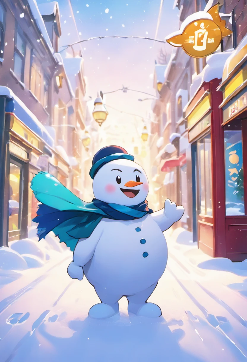 "((8k uhd high detail, 8k cinematic art)), In an 90s cartoon style, a snowman takes on the role of a superhero in a charming scene. Dressed in a vibrant cape and heroic accessories, the snowman displays a happy face as he waits for a bus. Positioned Centrally in the image, he stands in front of an iconic red telephone booth. Intricate details, such as the texture of the snow and the cheerful lines, make for a true masterpiece. The complex, high-quality background adds depth to the scene, highlighting the lively atmosphere of classic 80s cartoons." Snowboarding shot, ice, Snowstorm