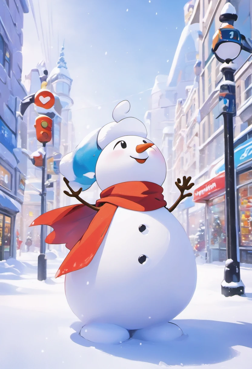 "((8k uhd high detail, 8k cinematic art)), In an 90s cartoon style, a snowman takes on the role of a superhero in a charming scene. Dressed in a vibrant cape and heroic accessories, the snowman displays a happy face as he waits for a bus. Positioned Centrally in the image, he stands in front of an iconic red telephone booth. Intricate details, such as the texture of the snow and the cheerful lines, make for a true masterpiece. The complex, high-quality background adds depth to the scene, highlighting the lively atmosphere of classic 80s cartoons." Snowboarding shot, ice, Snowstorm